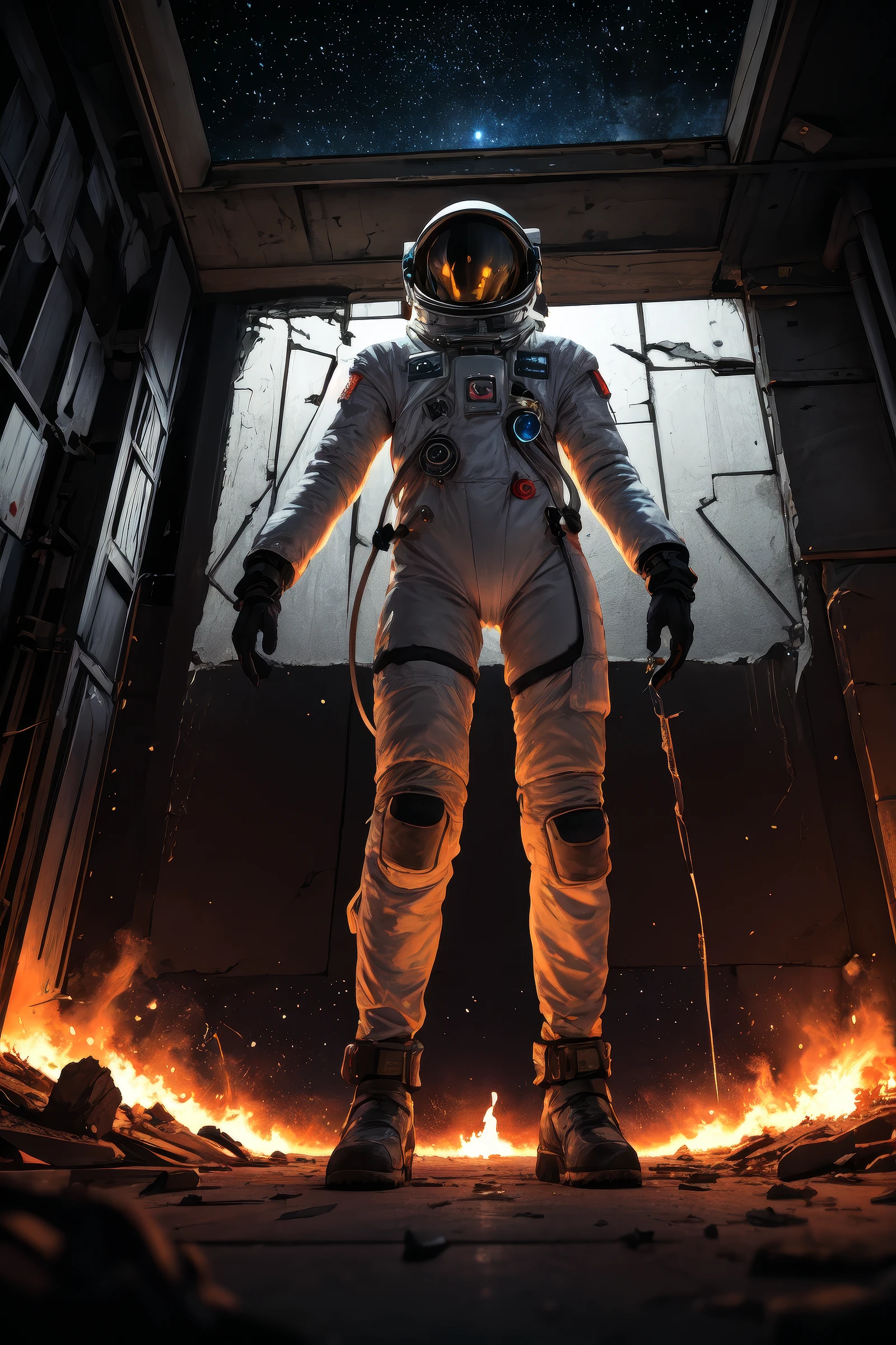 woman, (freckles:0.8), pale, soviet space suit, shattered visor, space station background, detailed white computer panels, dark horror, low light, corrupted, blood on walls, dutch angle, cosmic horror, full body, wide angle, (from below:1.0), welding torch