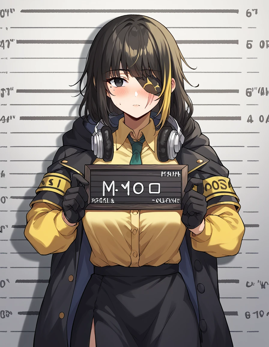 score_9, score_8_up, score_7_up, source_anime, <lora:girlsfrontline-m16a1-ponyxl-lora-nochekaiser:1>, m16a1, black hair, long hair, black eyes, streaked hair, yellow hair, bangs, braid, braided ponytail, eyepatch, mole, mole under eye, scar, scar on face,, armband, asymmetrical legwear, black gloves, black jacket, black legwear, black skirt, buttons, gloves, headphones, headphones around neck, hood, hooded jacket, jacket, knee pads, necktie, skirt, strap, unevent legwear, shirt, yellow shirt, hood down, mature female, medium breasts,, conservatory, plants, glass roof, sunlight, greenery, , <lora:barbie-mugshot-ponyxl-lora-nochekaiser:1> barbie mugshot, barbie mugshot (meme) height mark, holding sign, nameplate, height chart, sign, meme, blush, cowboy shot, looking at viewer, solo,, dutch angle, cowboy shot