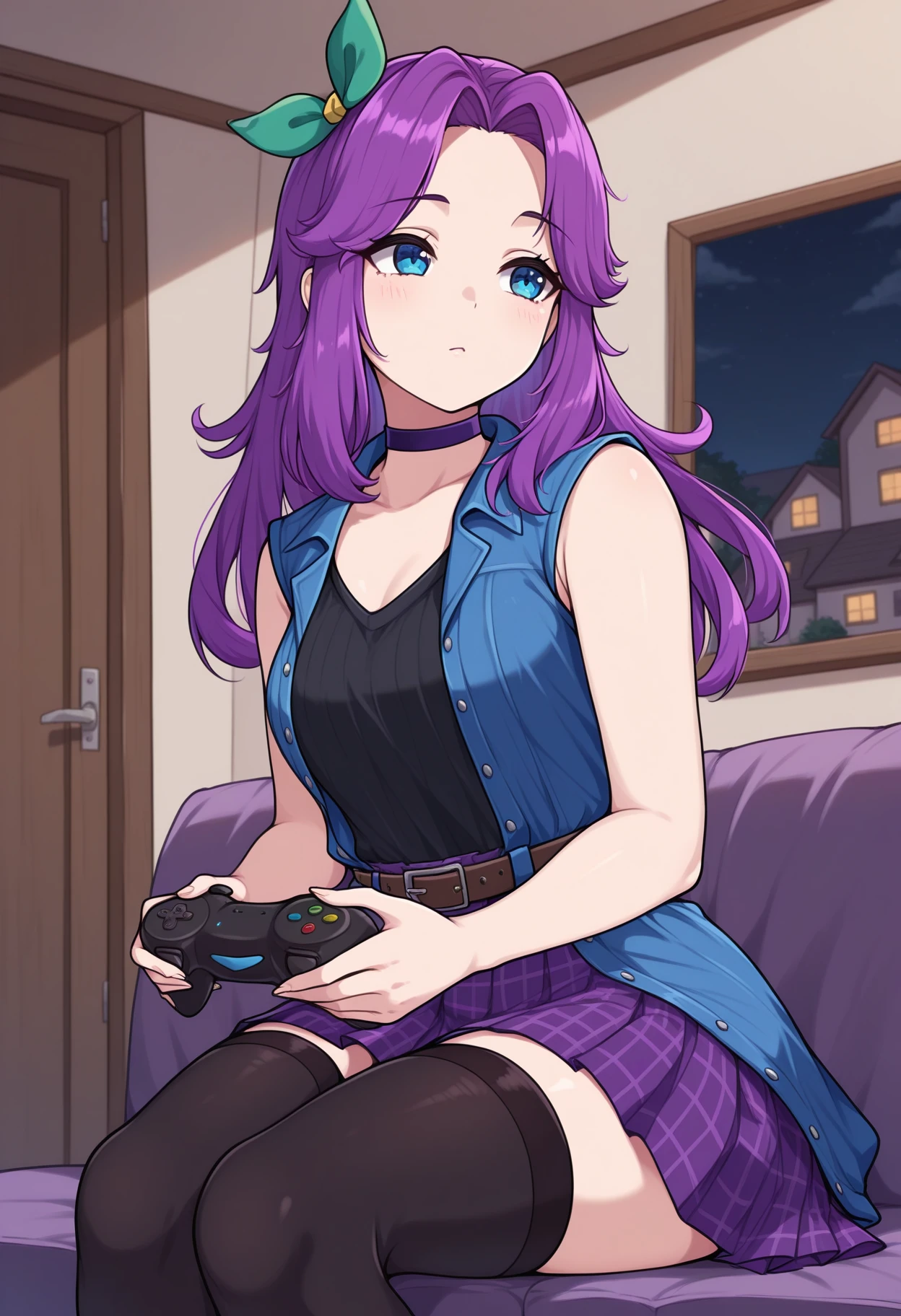 masterpiece, best quality, 1girl, solo, <lora:NSAbigailStardew:1> NSAbigailBase, blue eyes, purple hair, long hair, parted bangs, hair bow, green bow, purple choker, blue jacet, open jacket, sleeveless, belt, black shirt, purple skirt, plaid skirt, pleated skirt, black thighhighs, controller, holding controller, indoors, house, sitting