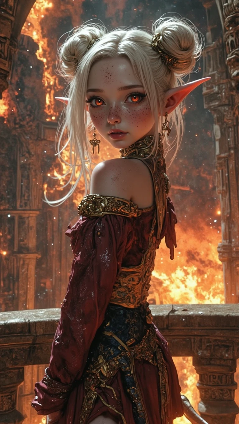 (masterpiece, high quality, 8K resolution). 
A highly detailed anime illustration that combines fantasy and science fiction.
Character: A 20 year old elf very short young beautiful alluring albino pointy eared elven woman, white hair,  (pixie undercut ((updo)) extremely large round double buns:1), freckles,  Freckles, (red eyes), (fangs), (((long albino succubus tail connected at the coccyx))). Dressed in a (skimpy) (punk rock) heavy metal style (school girl uniform) with microskirt and extremely high cropped top. Intricately detailed outfit.
Background: A fiery hellscape. A stone balcony overlooking a stone desert full of fire, smoke, lava, and magma explosions.
Details: a cheeky cocky mischievous aroused enchanting nymphomaniac pointy eared elf damed to an eternity in service to hell, an alluring seductress who enchants humans into sin. Close up portrait. Detailed, sensual, Drawn in the style of a Sam Raimi hellscape, influenced by The Good Place television series. Inspired by nymphomaniac Rae in Black Snake Moan and seductress Danielle in The Girl Next Door movie.  She's the embodiment of desire suduction and nymphomania,  waiting for her devilish boss in a hell devoted to sin, greed and vice. REALNIME, 

Alluring, aroused, elven, sexual,  pointy ears, suductive, enchanting arousal, mischievous, temptress, enchantress, seductress, loving, excited, joyous, sad, impatient, frisky, fun.