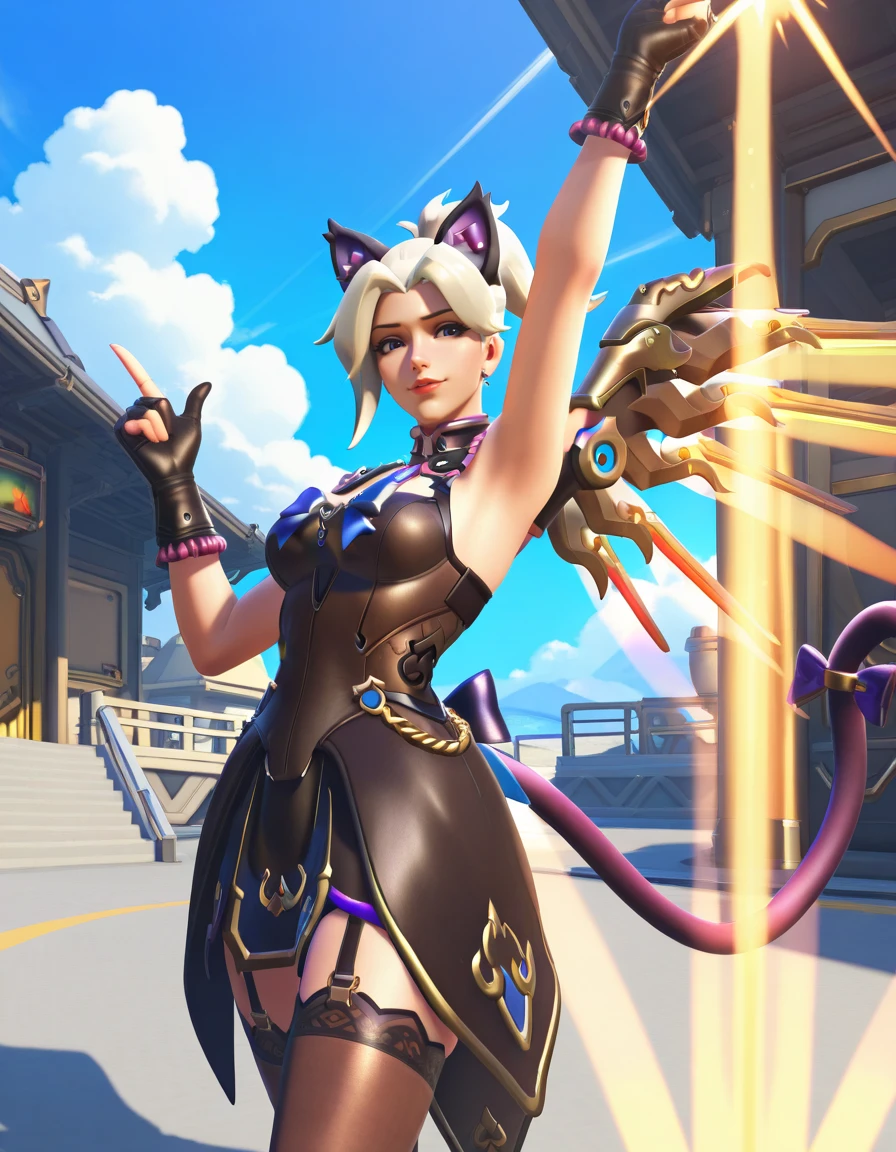 Masterpiece, high-res, 2k, best quality,   1 girl  , mercy (overwatch),  mercy kitty <lora:Mercy Kitty-000040:1> Standing with one arm raised pointing in the distance