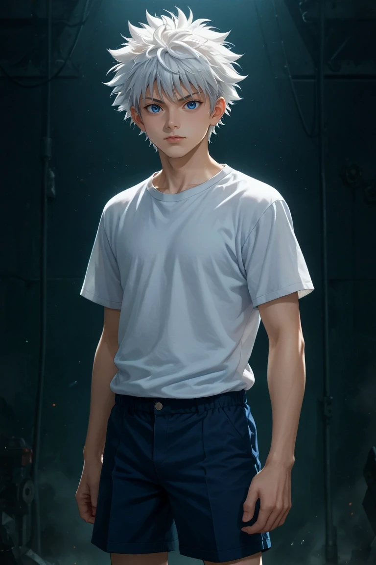 score_9, score_8_up, score_7_up, source_anime, rating_safe, , (realistic:0.6), , , 1boy, solo, male focus, <lora:killua_zoldyck_pony:0.9>, killua_zoldyck, white hair, blue eyes, short hair, spiked hair, bangs, messy hair, mecha city, robot towers, repair zones, power stations, patrol pose, alert expression, artificial lighting, male Fifty-something Fit, Central Asian, Black eyes, Protruding Ears, Pointed Chin with Cleft, Horseshoe Beard , Lilac Man bun hair, Interest, wearing Seersucker shorts, Henley thermal shirt, , Top hat,, Hands on the back of the neck, indicating frustration or stress, <lora:sdxl_lightning_8step_lora:1>