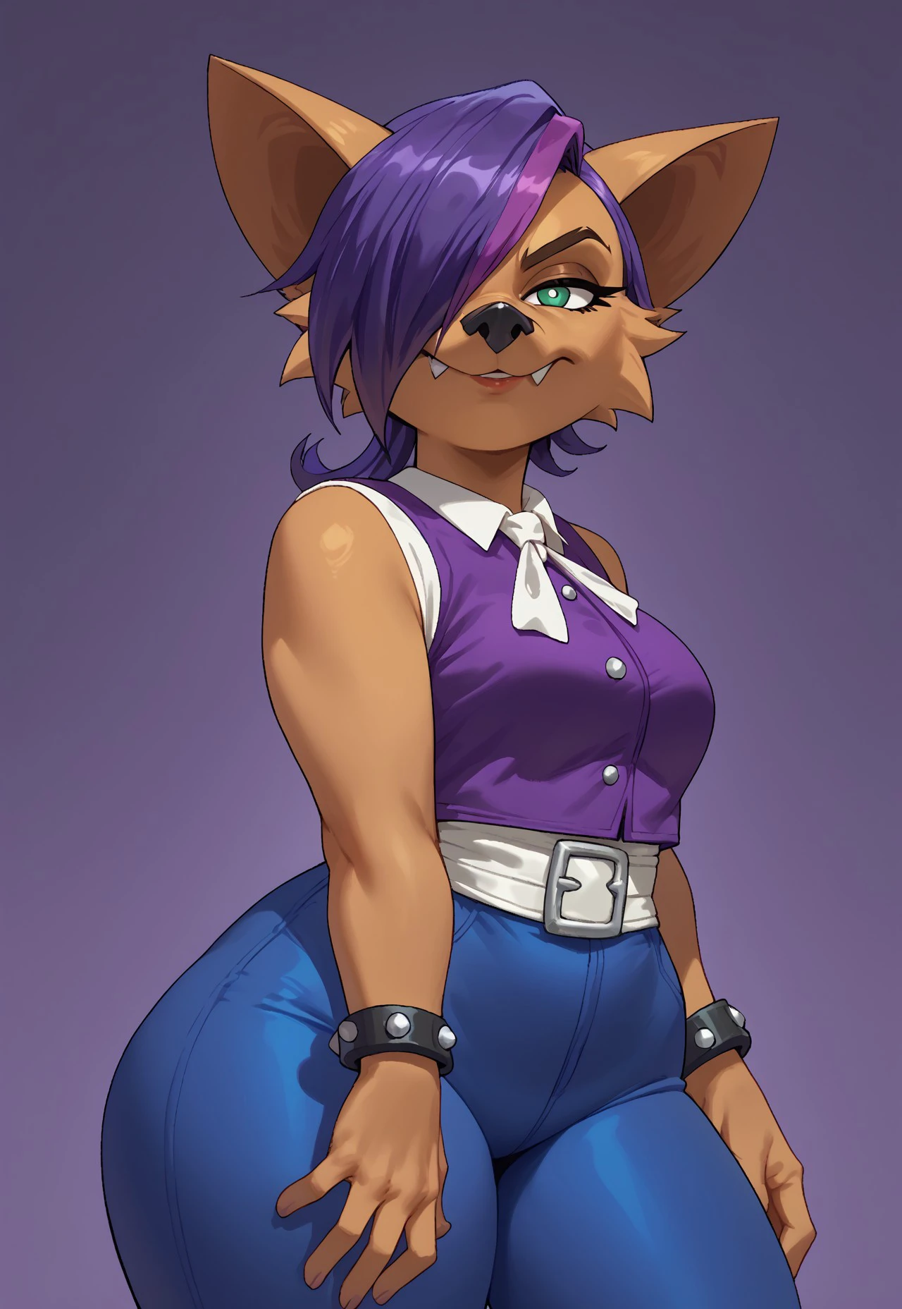 score_9, score_8_up, score_7_up, score_6_up, score_5_up, score_4,crash bandicoot bratgirl,  brown fur, white eyes, purple hair,   bracelets,, hair over one eye, , blue pants( thicc thighs)purple vest, green eyes, short hair, multicolor hair