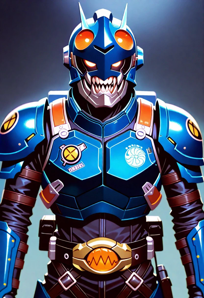 masterpiece, best quality, 32k, high resolution, absurdres, bodysuit, helmet, rider belt, imperfect, blue armor, orange eyes, teeth, sharp teeth