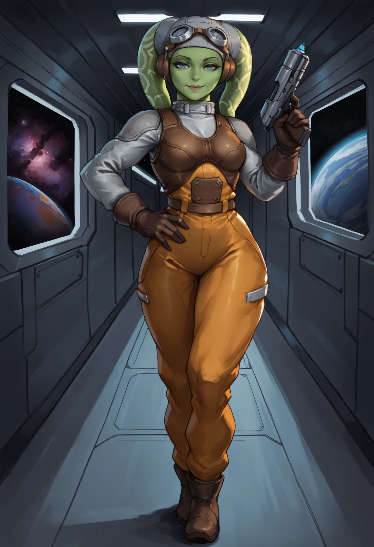 masterpiece, best quality, toned, masterpiece, best quality, toned, 1girl, mature female,
colored skin, green skin, blue eyes, tentacle hair, long hair,
goggles on head, grey headwear, headphones,
brown gloves, ankle boots,  brown footwear, pilot suit, long sleeves,
looking at viewer, holding weapon, lips,scifi, indoors, spacecraft, hallway, smile, hand on own hip, window, nebula, planet,
energy gun, handgun,
<lora:hrsyndll_idxl_EliPot:1>