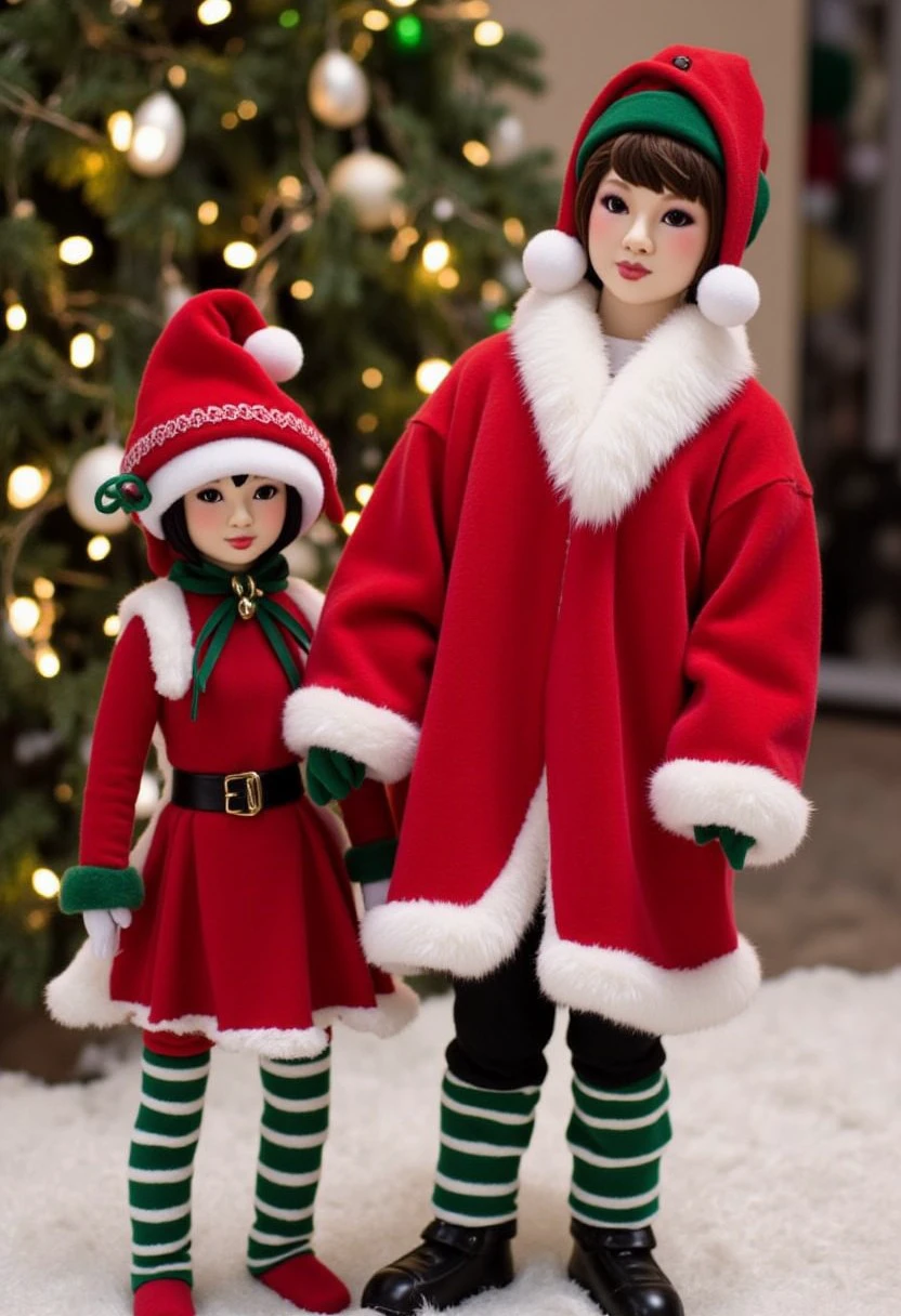 a photograph of AmeshinBoo wearing a big red Christmas Santa coat designed by the real world versions of AmeshinTHERE and AmeshinSL, a photograph of reality, AmeshinBoo stands next to a traditional looking cute fashionable elf wearing striped green and white stockings and a cute Christmas hat with bells