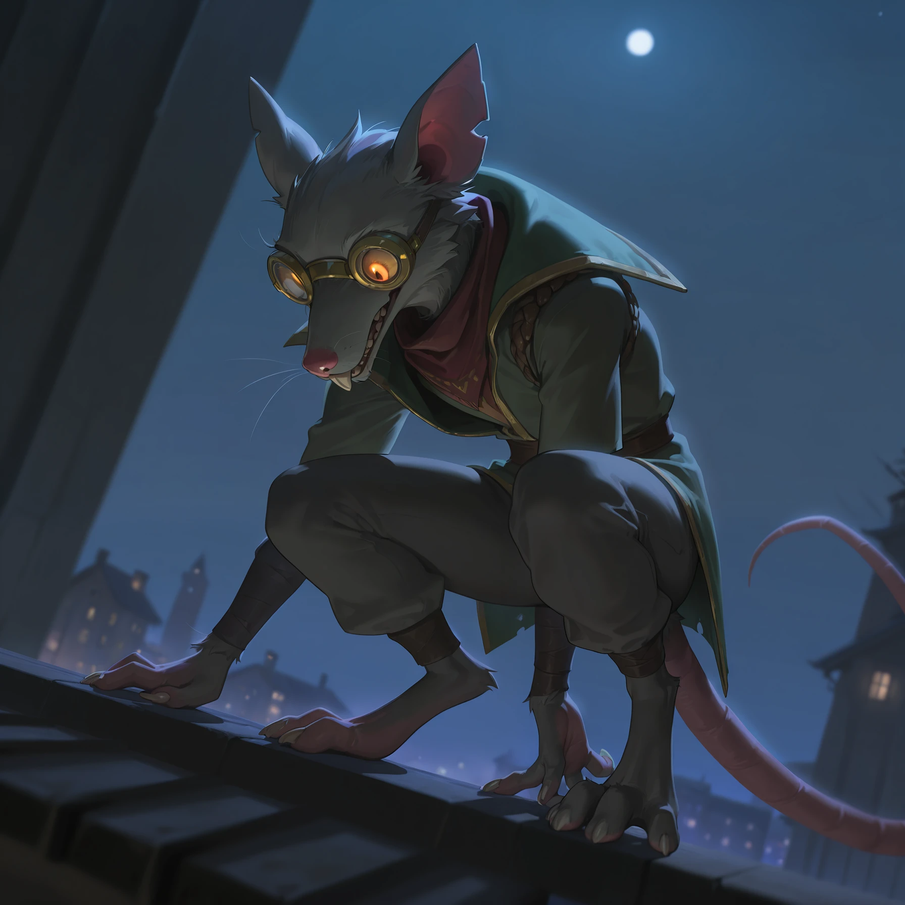 masterpiece, best quality, amazing quality, very aesthetic, high resolution, ultra-detailed, absurdres, newest, scenery, furry anthro , TwitchLoL,<lora:Twitch_League_Of_Legends_IL>,Twitch_\(League of Legends\),Rat,rodent,googles,,  1boy, solo, male,male focus,,dark,night,dynamic angle,sitting on edge of roof,looking down,crazy expression,, BREAK depth of field, masterpiece, best quality, amazing quality, very aesthetic, high resolution,, absurdres, newest, scenery, volumetric lighting