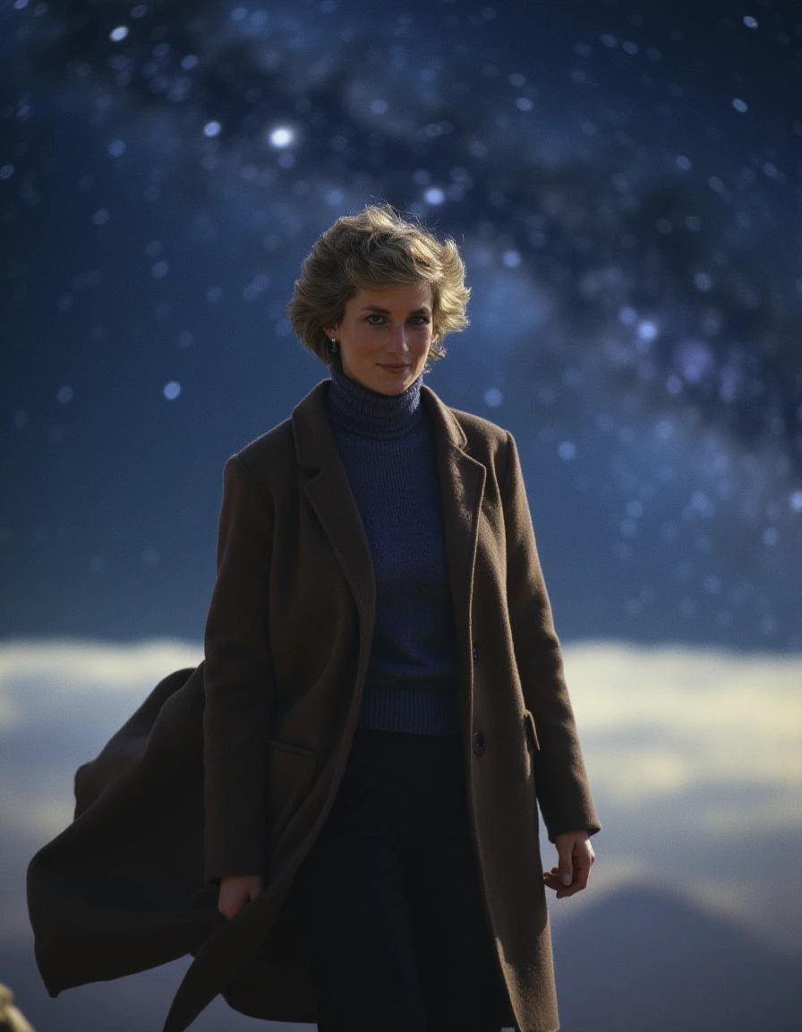 <lora:diana_512_dev_f1_k:1> wearing a vintage turtle neck sweater,  Photo of a striking woman standing at the edge of a vast, starry expanse, looking directly at the camera with a peaceful smile, her long coat blowing gently behind her as if caught in an invisible wind, the galaxy stretching out behind her like a canvas of twinkling diamonds, realistic, detailed.