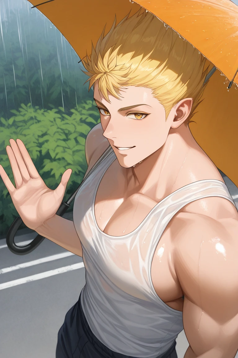 realistic shading, natural lighting, male focus, looking at viewer, expressive face, sabnockwdik, blonde_sabnockwdik_spiked hair, yellow_sabnockwdik_eyes, 1boy, happy, holding umbrella, 1hand waving, raining, sunshower, sunray, sunny, summer theme, shiny skin, sweet smile, summer clothes, tank top, outdoors, road, bush, from above, dynamic angle, intricately detailed illustration, depth of field, masterpiece, best quality, amazing quality, very aesthetic, absurdres, newest