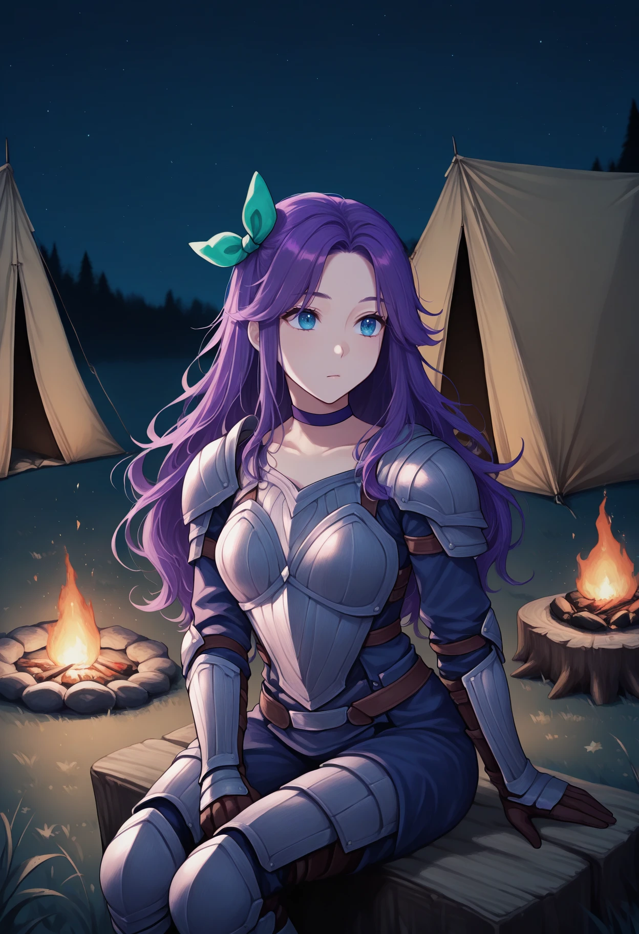 masterpiece, best quality, 1girl, solo, <lora:NSAbigailStardew:1> NSAbigailMisc, blue eyes, purple hair, long hair, parted bangs, hair bow, green bow, purple choker, night, sitting, campfire, armor, stars, stump, tent