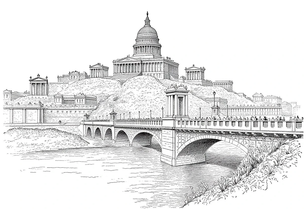 This is a black-and-white pencil illustration about Roman Empire. It depicts the Capitoline Hill with its majestic structures and the Cloaca Maxima in the foreground. The scene includes a grand bridge crossing a river, with multiple arches and detailed stonework. People are depicted on the bridge, highlighting daily life and activity. On the hill, classical Roman architecture, including temples and monumental buildings, is visible, showcasing intricate columns and pediments. The overall mood is historical and grand, capturing the essence of Roman engineering and urban planning. The composition emphasizes the perspective of the bridge leading towards the hill, with the river flowing beneath. Architectural details are prominent, illustrating the sophistication of Roman design.