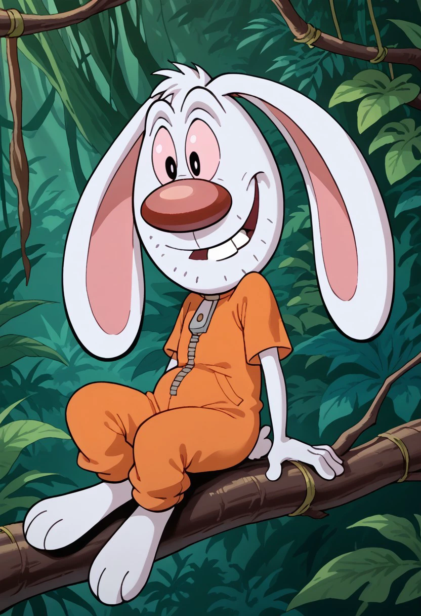 Score_9, score_9_up, solo, 1boy, furry, rabbit, animal, white fur, big nose, red nose, pink sclera, black eyes, buckteeth, uneven teeth, rabbit ears, floppy ears, aftershave, orange jumpsuit, three toes, sitting on a tree branch, jungle background