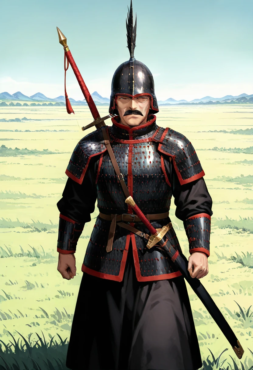 masterpiece, best quality, absurdres, detailed skin, detailed eyes, anime colored, anime screencap,
1 man, black hair, brown eyes, thin mustache, long face, narrowed eyes, 
<lora:Chinese_Han_Dynasty_armor:0.9>, ((hanarmor)), armor, sword, sheathed, ((hanhelmet)), helmet, shoulder armor, 
grasslands, strong wind,