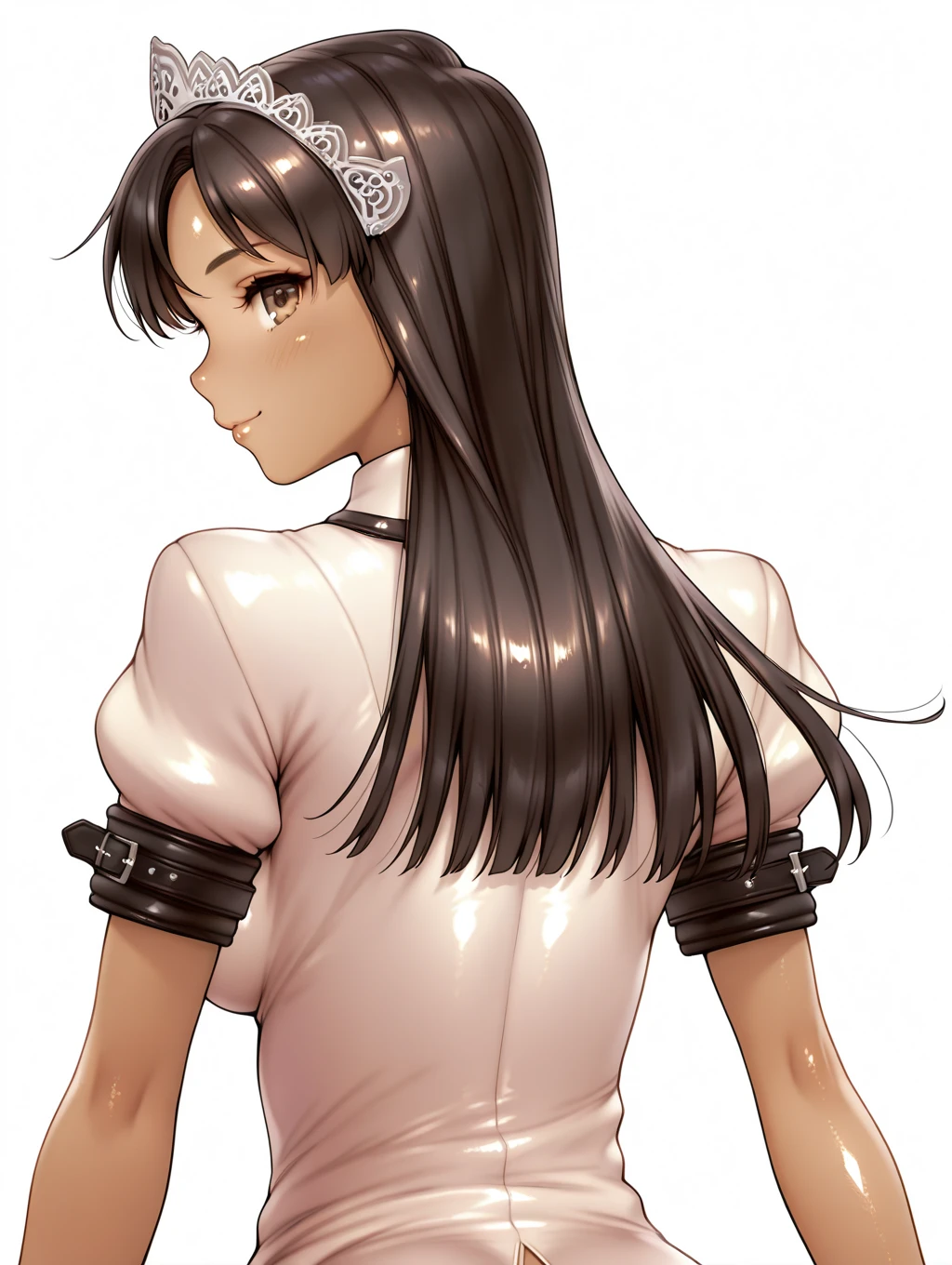 masterpiece,best quality,amazing quality,
1girl,solo,<lora:G2_ilxl_v1.1:1>,G2,headdress,long hair,black hair,brown eyes,shiny,shiny skin,dark-skinned female,wrist cuffs,impossible dress,short_sleeves,dress,short dress,large breasts,impossible clothes,
<lora:Fixhands_anime_bdsqlsz_V1:1>,dynamic_angle,cinematic_angle,looking_at_viewer,white_background,simple_background,face_focus,upper_body,light_blush,hand_on_own_,from behind,looking_back,profile,smile,