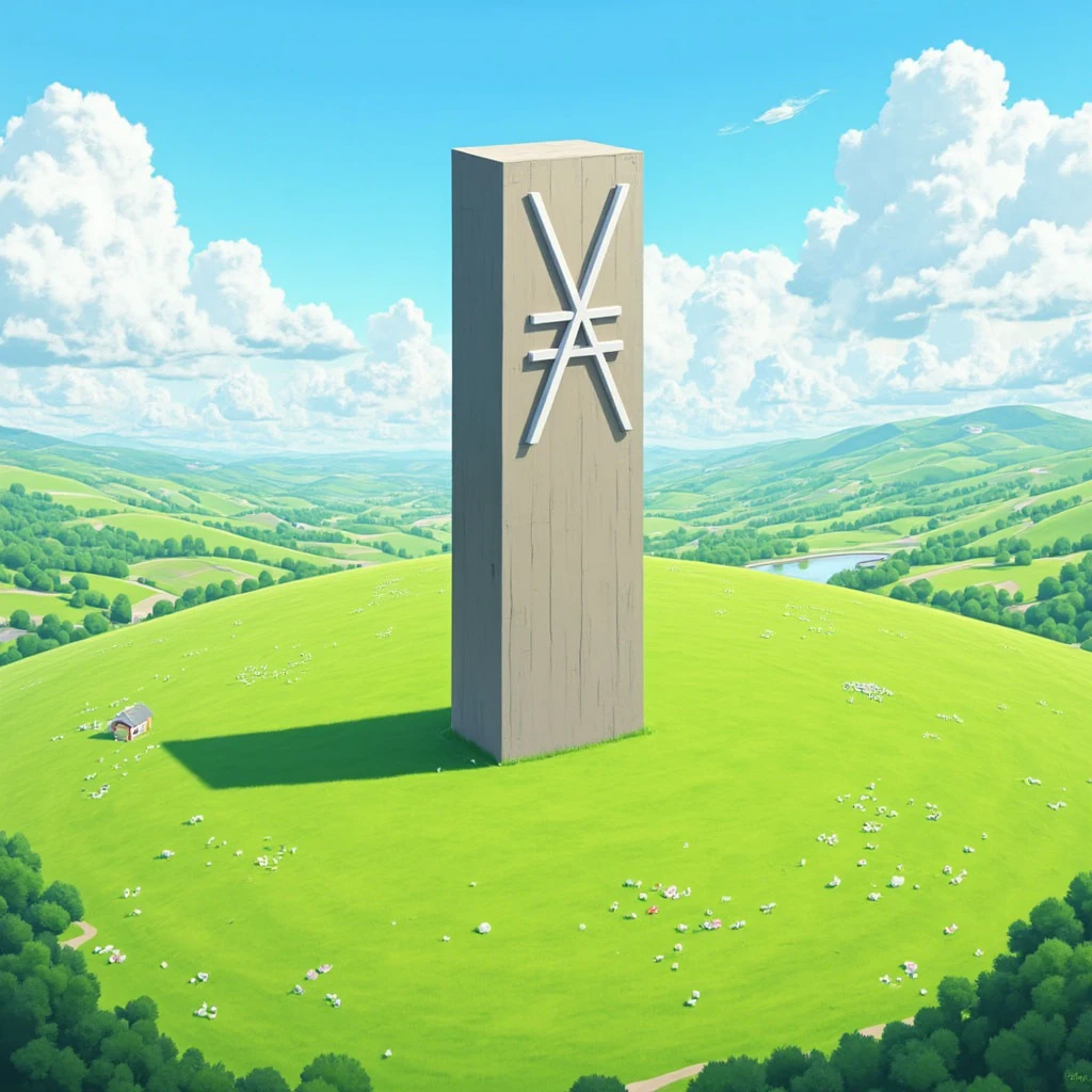 giant xno_symbol statue standing in a beautiful meadow, isometric view, comic