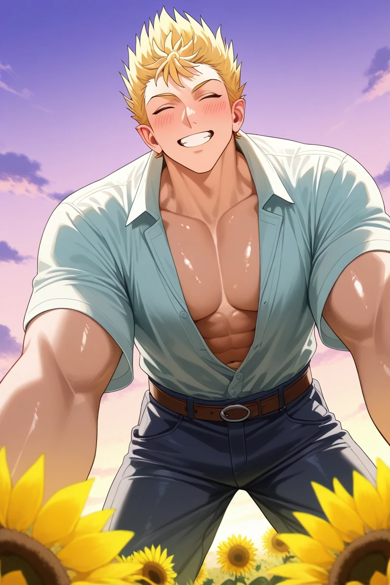 realistic shading, golden hour lighting, natural lighting, male focus, looking at viewer, cute expressive face, sabnockwdik, blonde_sabnockwdik_spiked hair, closed eyes, manly, 1boy, grin, wide smile, teeth, blushing, happy, wide smile, blush lines, shiny skin, legs apart, leaning forward, outstretched arms, on top of viewer focus, oversized arms, pectoral cleavage, spring theme, spring clothes, shirt, navel, belt, windy, floating clothes, outdoors, cloud, purple-pink gradient sky, sunflower, grass, from below, dutch angle, dynamic angle, bottompov, intricately detailed illustration, depth of field, atmospheric perspective, masterpiece, best quality, amazing quality, very aesthetic, absurdres, newest, anime screencap