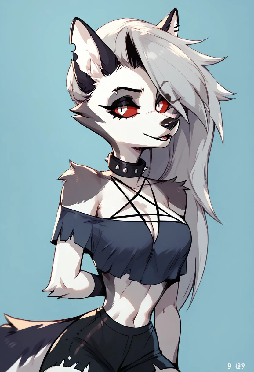 score_9, score_8_up, score_7_up, 
BREAK 1girl, LoonaHelluvaV1.5, furry female, white fur, goth, goth girl, colored sclera, red sclera, white pupil, animal ears, red eyesm fingerless gloves, piercing, collar,