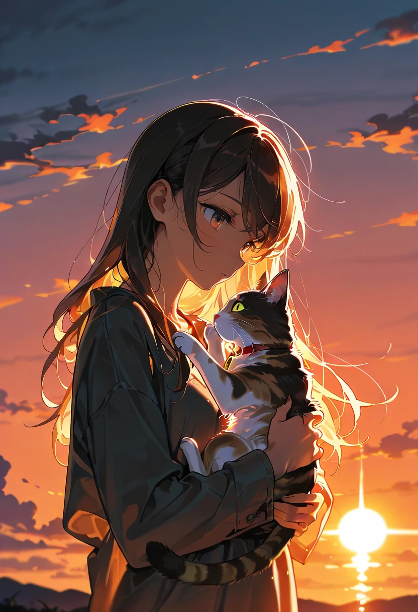 backlit,backlighting, sunset, 1girl,long hair,solo,holding cat,