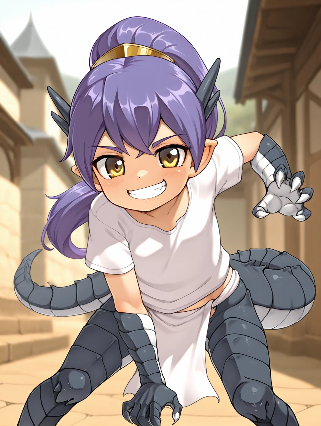 1girl, Papi, purple hair, pony tail, horns, yellow eyes, dragon tail, dragon girl, scales, dragon legs, claws, white shirt, white loincloth,

looking at viewer, standing grin, (dynamic pose),

masterpiece, best quality,amazing quality, very aesthetic, absurdres, depth of field, blurry background, extremely detailed face, detailed eyes