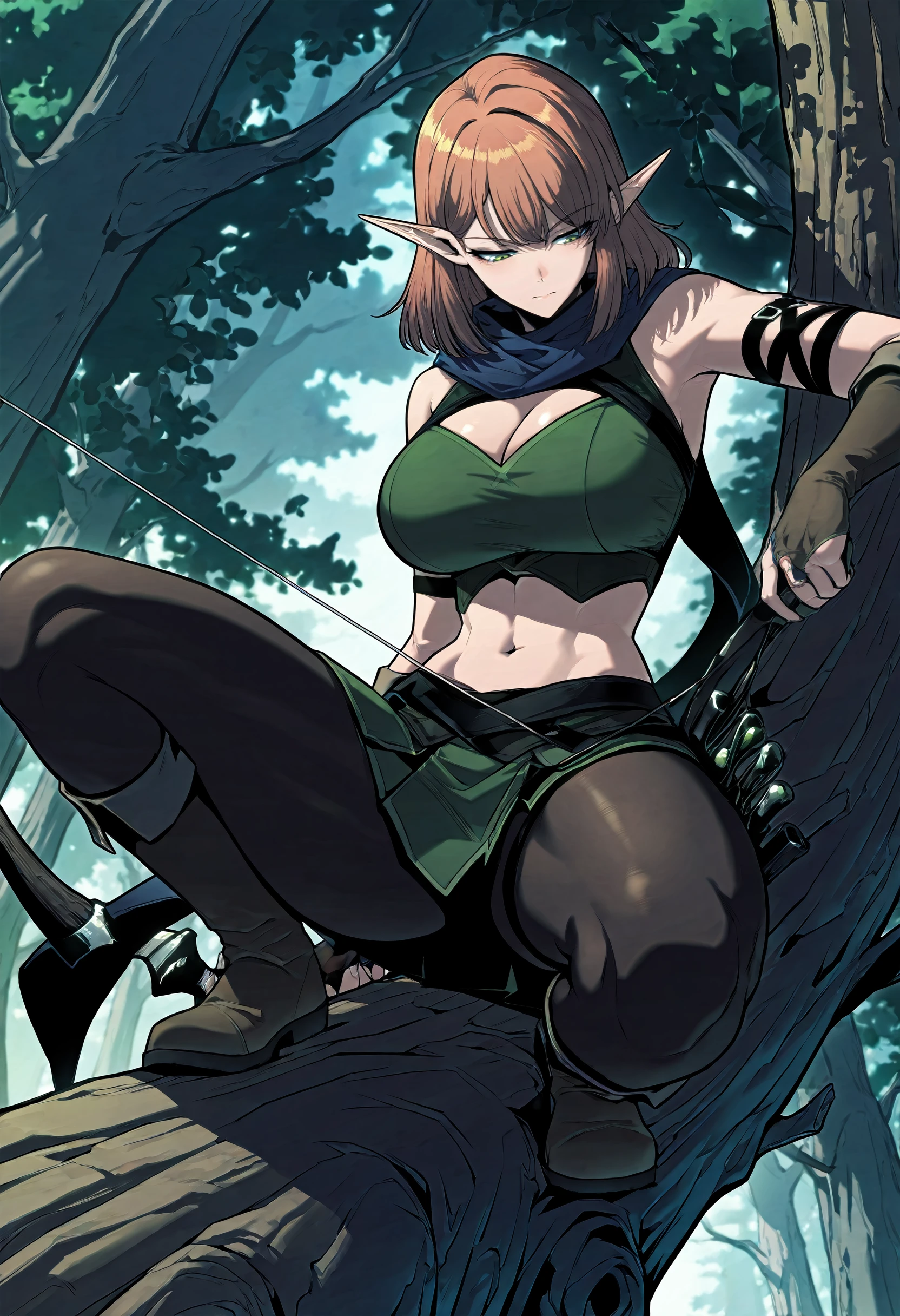 masterpiece, best quality, amazing quality, very aesthetic, absurdres, newest, scenery, 1girl, solo, huge breasts, serious, half-closed eyes, closed mouth, <lora:Sylvia illustxl:1> pointy ears, elf, green eyes, brown hair, medium hair, orange hair, blue scarf, green shirt, cleavage, sleeveless, elbow gloves, fingerless gloves, brown gloves, clothing cutout, crop top, midriff, navel, miniskirt, green skirt, black pantyhose, brown boots, wooden bow, (holding bow (weapon):0.9),  spread legs, squatting, on tree, (from below:0.9), forest, outside, looking down, shiny skin, masterpiece, best quality, amazing quality, very aesthetic, absurdres, newest, scenery