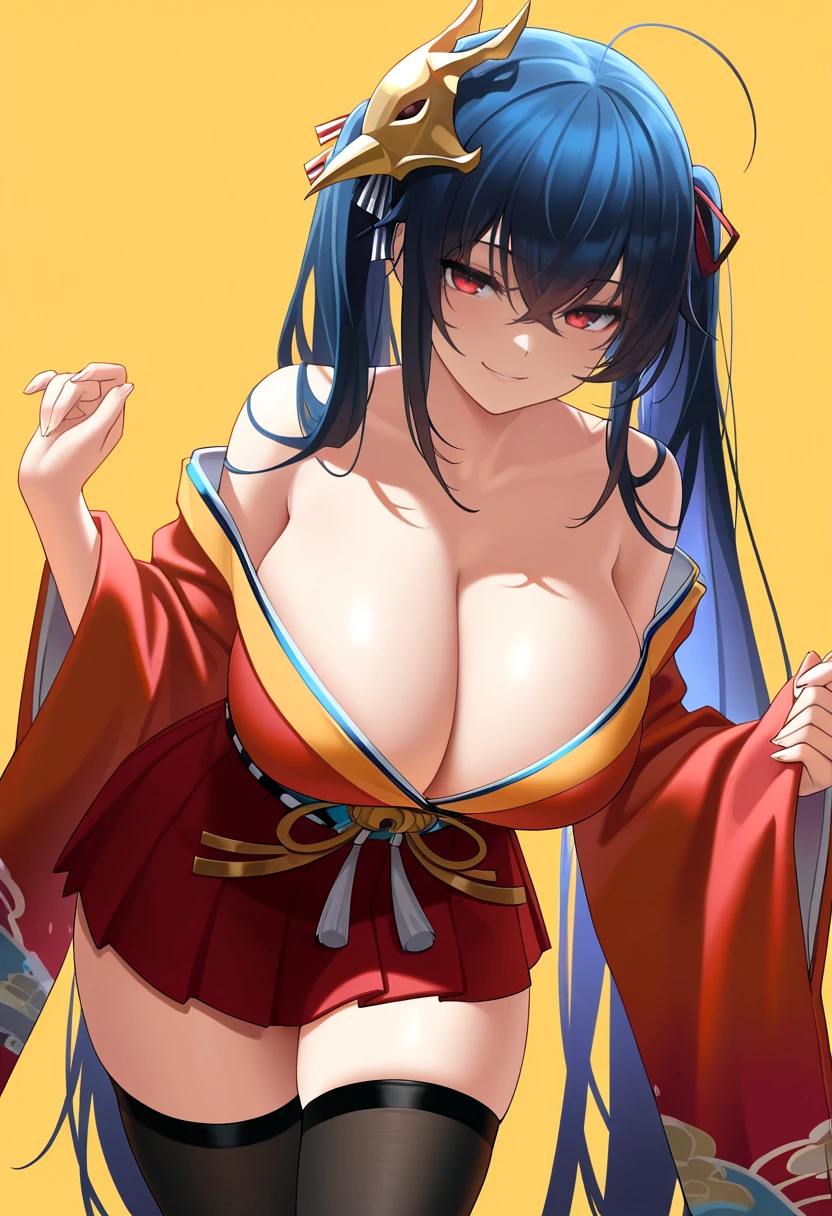 masterpiece, best quality,   <lora:taihou-initium-2:1> off shoulder kimono, short kimono, twintails, zettai ryouiki, wide sleeves, black thighhighs, hakama short skirt, red kimono , simple background, red eyes, crossed bangs , seductive smile, black hair, red eyes, hair ornament, huge breasts, cleavage,