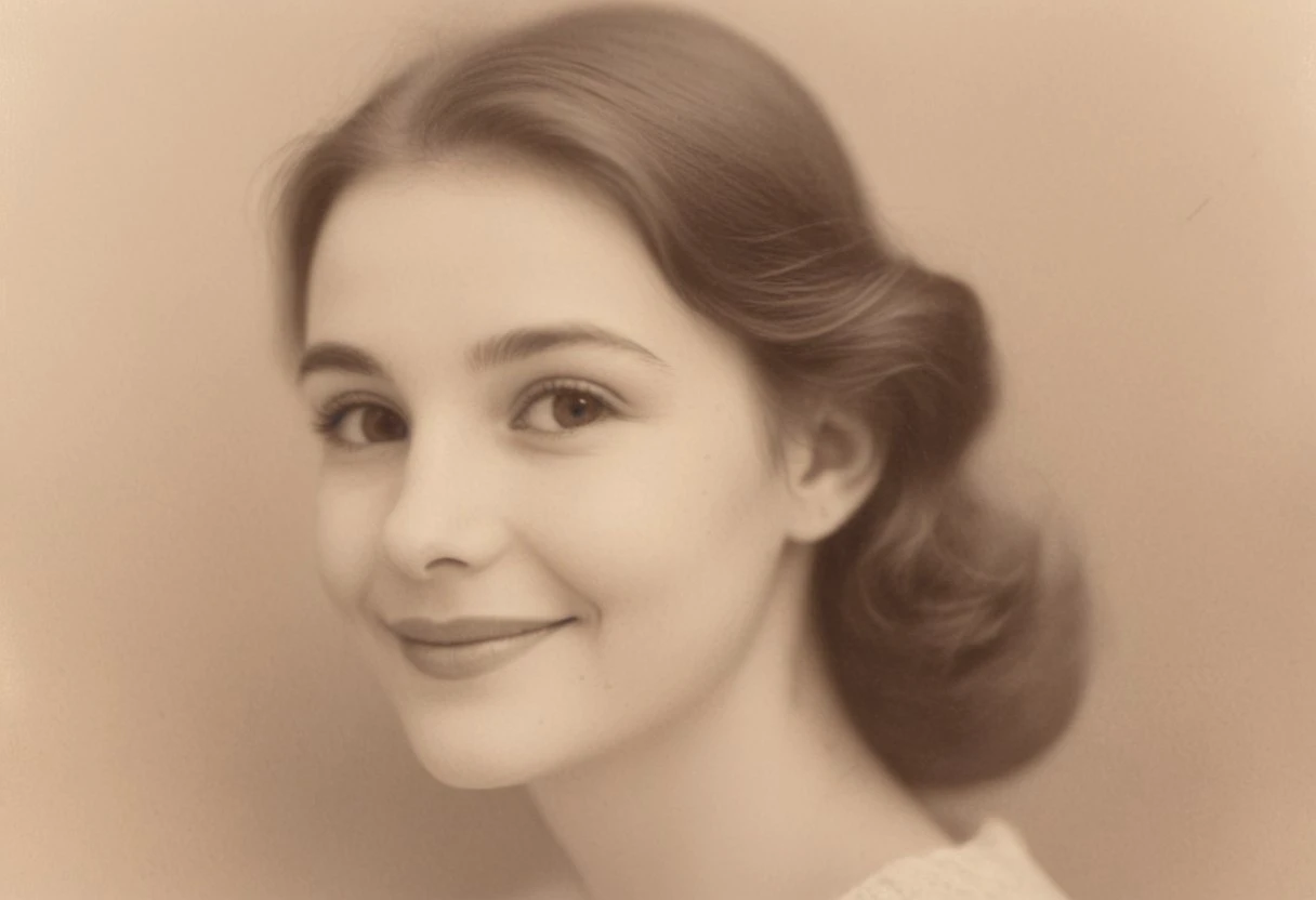 Create a soft, sepia-toned portrait of a young woman with delicate features and a gentle smile. Her hair is smooth and neatly parted, giving a timeless and serene appearance. The composition is inspired by vintage photography, with a warm, nostalgic atmosphere and a blurred background to emphasize an ethereal, dreamy aesthetic.