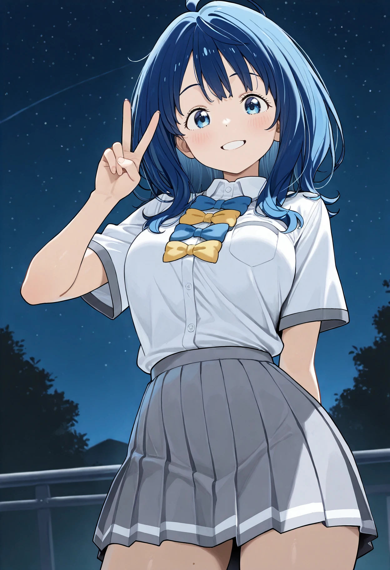 masterpiece, best quality, very aesthetic, 1girl, yanami anna, make heroine ga oo sugiru!, solo, ahoge, blue eyes, blue hair, blue bow, yellow bow, school uniform, white shirt, grey skirt, pleated skirt, v, grin, looking at viewer, outdoor, night sky,