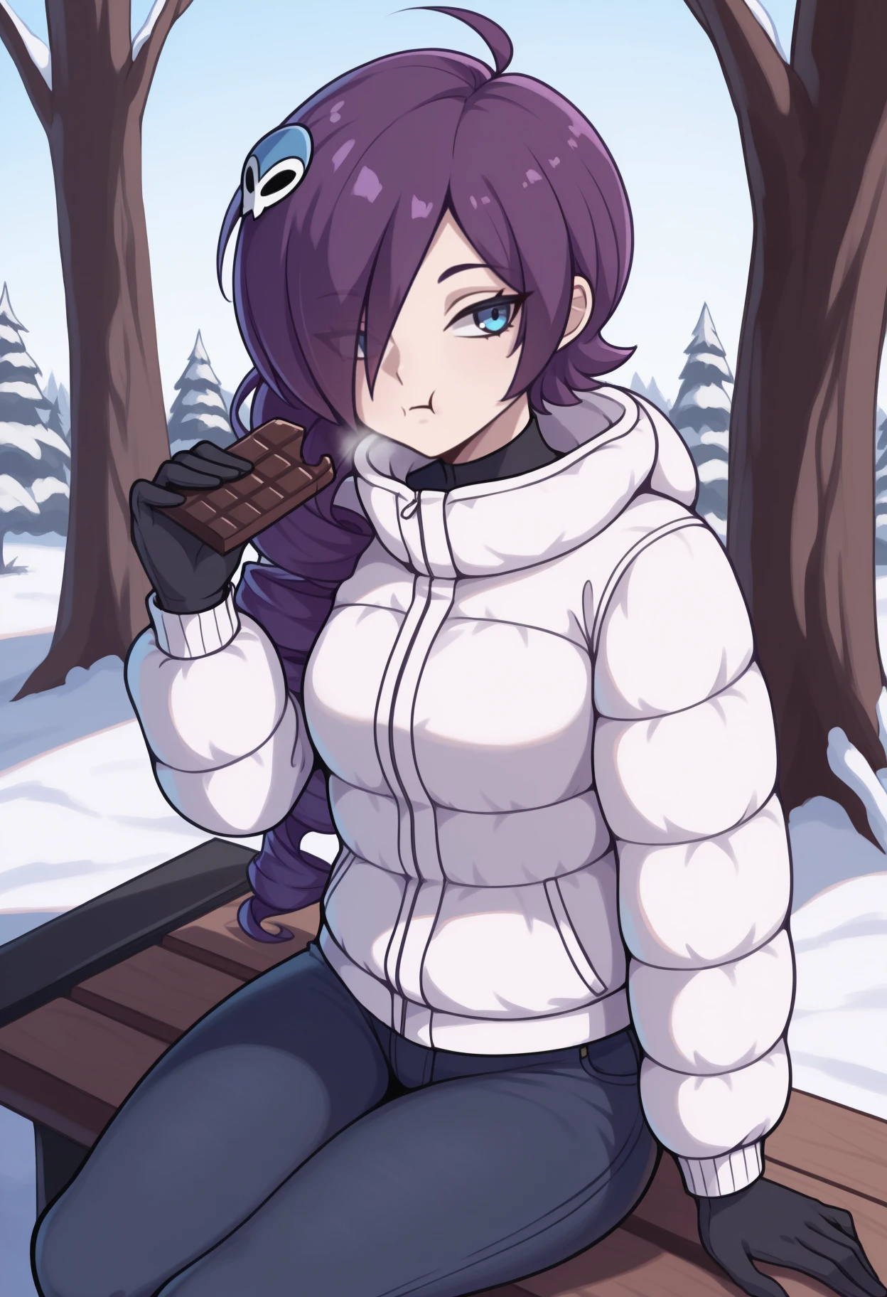 masterpiece, best quality, <break> solo, 1girl, zon3tan, eating, :t, sitting, bench, holding food, chocolate bar, long hair, purple hair, hair over one eye, ahoge, drill hair, skull hair ornament, blue eyes, white jacket, down jacket, long sleeves, black gloves, jeans, outdoors, day, snow, nature, tree, path
<segment:yolo-Anzhc Face seg 640 v2 y8n.pt,0.4,0.5//cid=1>