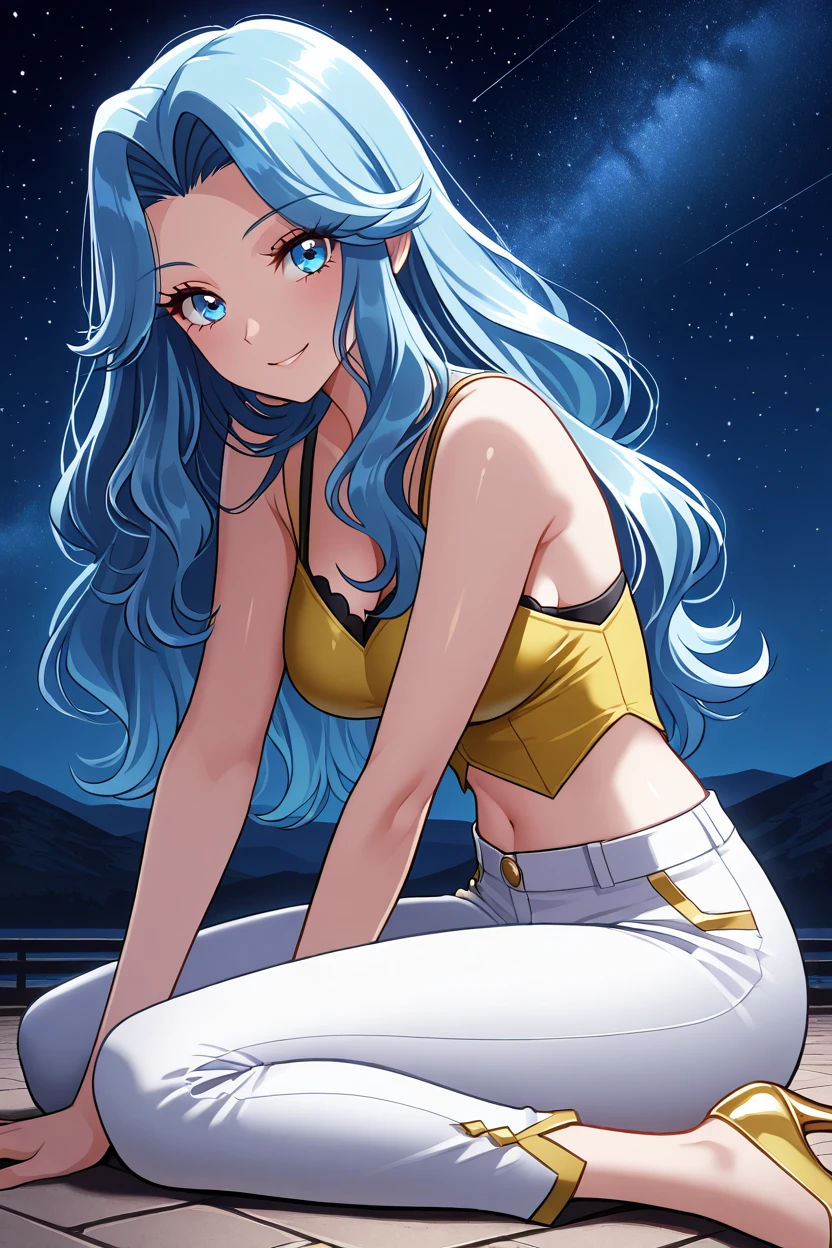 masterpiece, best quality, 1girl, solo, 21 year old model, eyelashes, (beautiful eyes),     ,,,zzKaren, blue eyes, blue hair, long hair, yellow crop top, white pants, high heels, <lora:KarenPokemonIXL:1.0>, ,,,  smile, looking at viewer, stars, night, luminescent background, <lora:princess_xl_v2:0.3>,