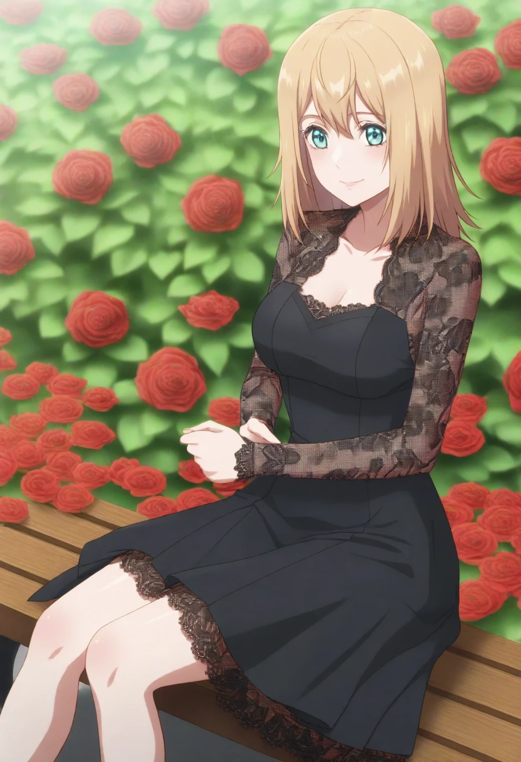 <lora:Olivia - [Otome Game Sekai wa Mob ni Kibishii Sekai desu] - illustriousXL v1:1>, sysdeep_olivia, blonde hair, medium hair, turquoise eyes, solo Garden bench, lace dress, surrounded by blooming roses, gentle smile, style parody