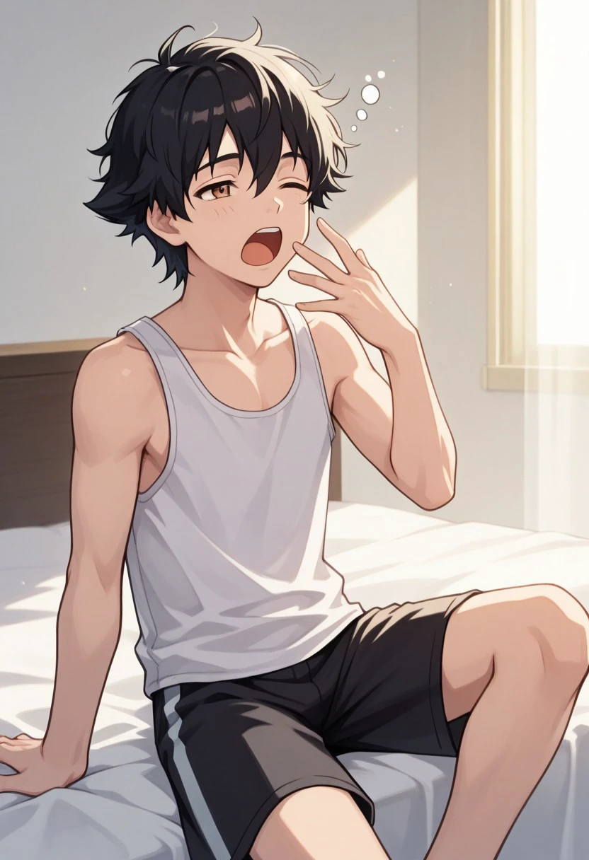 masterpiece, best quality,
ashxyz, 1boy, male focus, solo, brown eyes, black hair, bangs, messy hair, tank top, white tank top, shorts,
indoor, bed, sleepy, yawning, sitting,