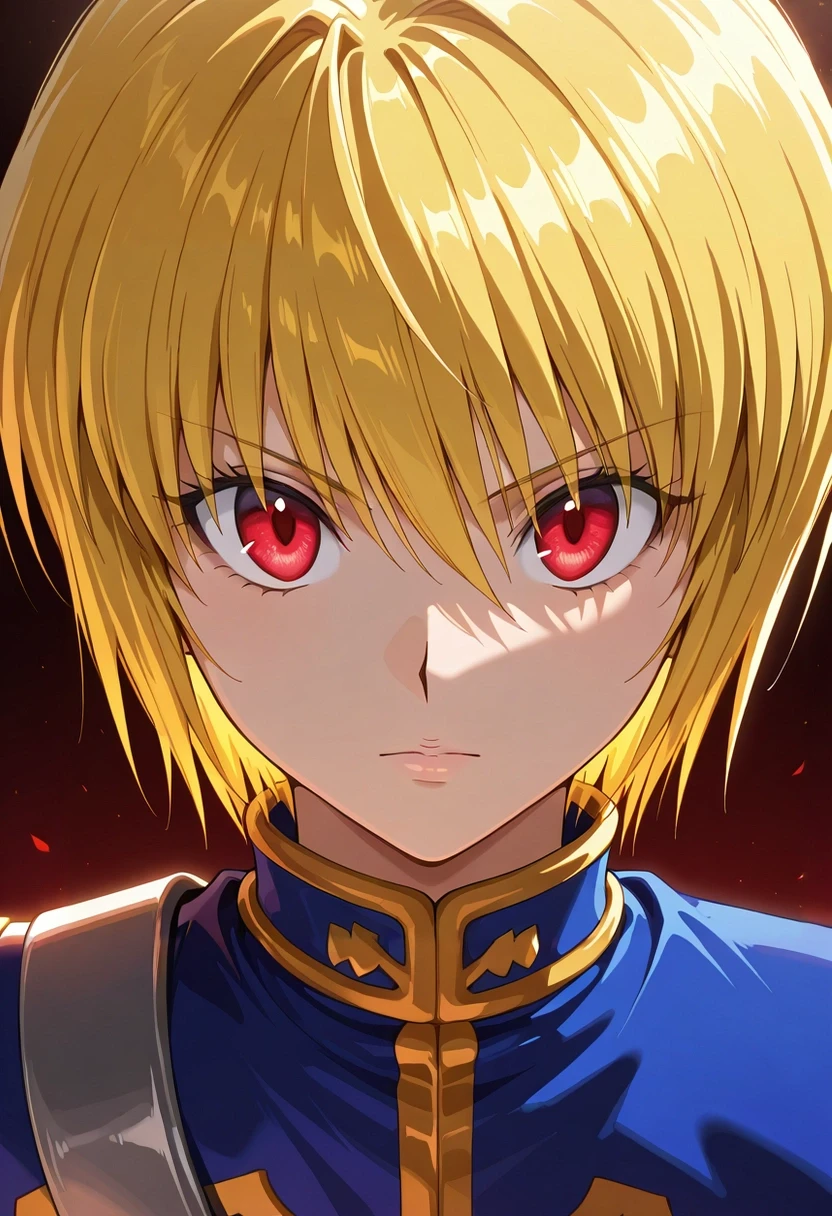 masterpiece, best quality, intricate details, , , , 1boy, solo, male focus, <lora:kurapika_hxh_ilxl:0.92>, kurapika_hxh, blonde hair, red eyes, short hair, bangs, hair between eyes, , ,