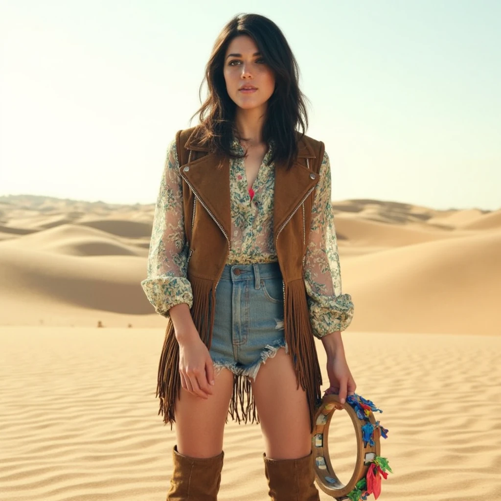 call1e, ultra realistic, ultra detailed textures, 8k, cinematic, cinematic lighting, film grain, analog photo shot with a 35mm, a woman standing on a vast desert landscape, she looks happy, slight smile, the sand stretching endlessly behind her. She wears a fringed suede vest over a sheer floral blouse, paired with high-waisted denim shorts and ankle boots. Her long hair flows freely in the wind, and she holds a tambourine adorned with colorful ribbons. Position the camera at a low angle to emphasize her connection to the expansive landscape, with the sun creating sharp, dramatic shadows. The earthy tones of the desert blend with the soft, muted hues of her outfit, while the shimmering heat adds a surreal quality to the scene.