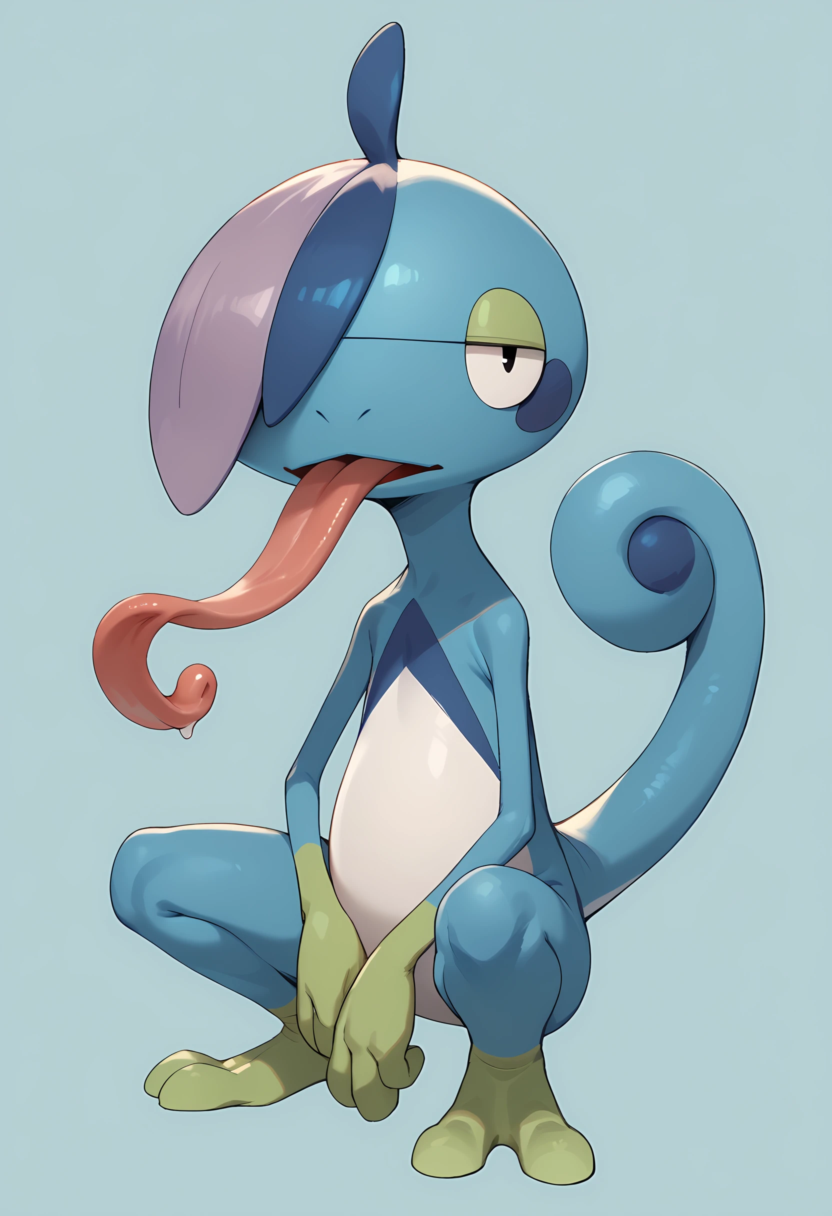 score_9, score_8_up, score_7_up, score_6_up, score_5_up, score_4_up, <lora:DrizzileF:0.95> ,drizzf, no humans, colored skin, blue skin, black eyes, hair over one eye, furry, tail, full body, long tongue, tongue out,
light blue background, simple background,