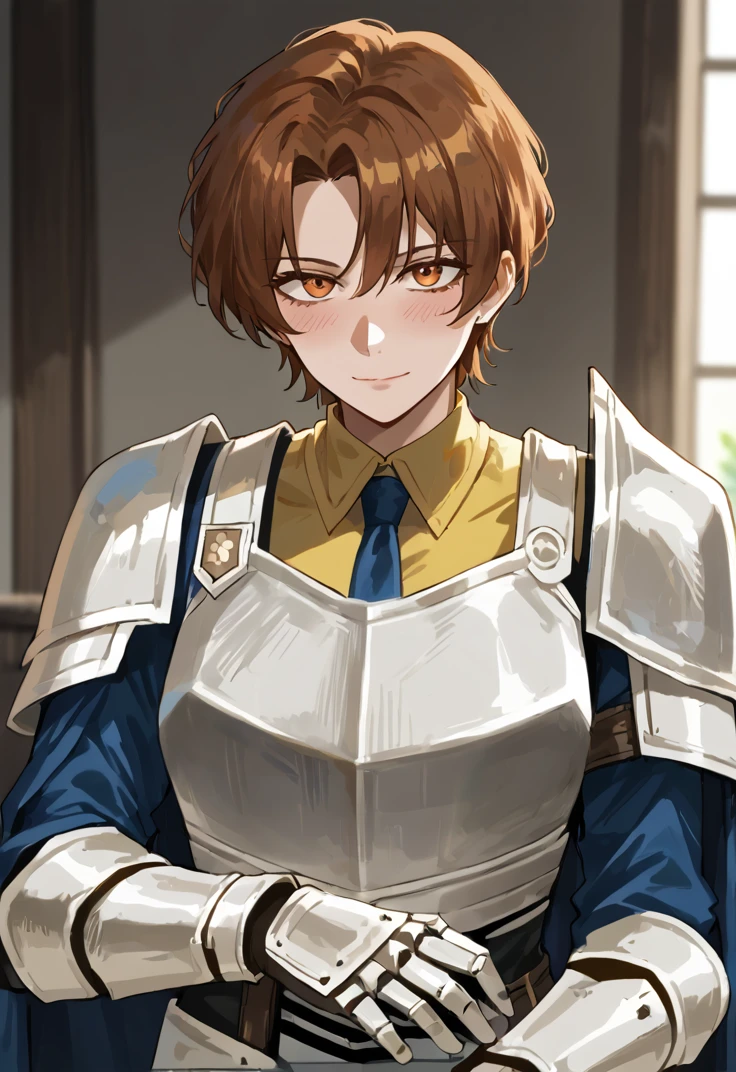 (score_9, score_8_up:1.1), score_7_up, masterpiece, perfect face, beautiful face, perfect hands, beautiful hands, <lora:Paula_Limbus:1>, PaulaLimbus, 1girl, solo, brown hair, short hair, orange eyes, tomboy, knight girl, armor, yellow shirt, blue necktie, shoulder armor, gauntlets, pauldrons, breastplate, blue cape, black pants, looking at viewer, light smile, blush, upper body, necktie under armor