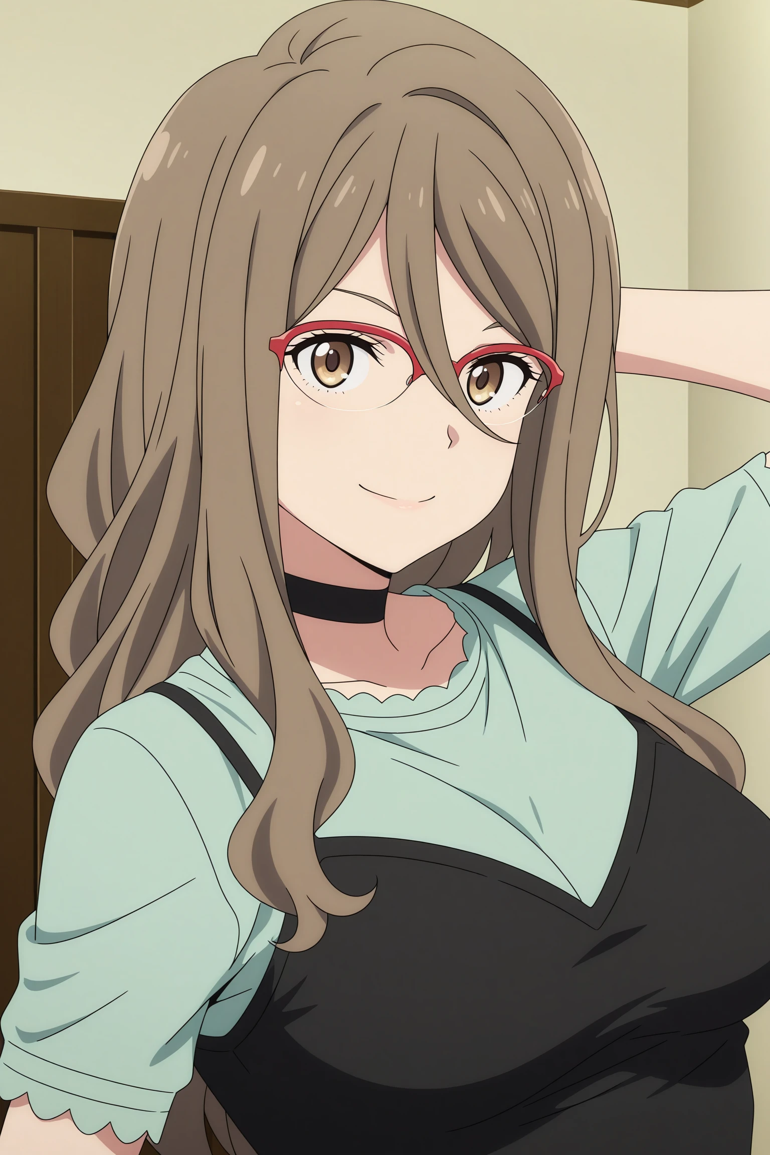 masterpiece, best quality, amazing quality, highres, absurdres, very aesthetic, high resolution, ultra detailed, perfect details, 1girl, solo, indoors, living room, medium breasts,nakahara mizuki, brown hair, long hair, hair between eyes, sidelocks, red-framed eyewear, over-rim eyewear, brown eyes, choker, green shirt, short sleeves, black camisole, wristwatch, grey skirt, pencil skirt, black pantyhose, black footwear, high heels, <lora:Mizuki_Nakahara_ILXL:0.8>, looking at viewer, (portrait:2), smile, (pose:1.5), anime screencap, anime coloring