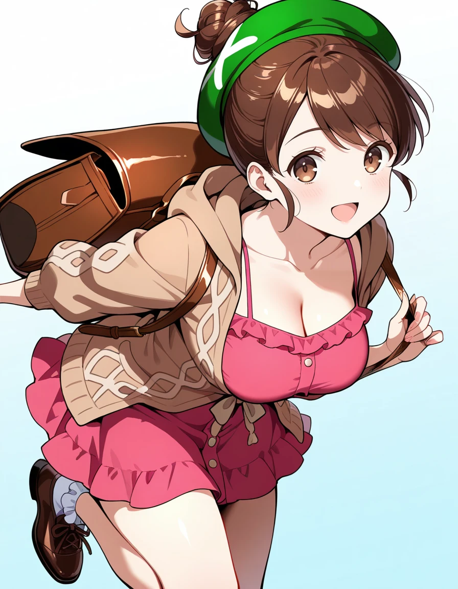 masterpiece, best_quality, absurdres,  <lora:gloria_pokemon_il:1> brown_hair, short_hair, brown_eyes, hair_bun, green_headwear, brown_cardigan, hooded_cardigan, pink_dress, brown_bag, brown_shoes, by_bowknot_huhu, solo, looking_at_viewer, large_breasts, bare_shoulders, open_mouth, :d, 1girl, cleavage, breasts, frills, collarbone, smile