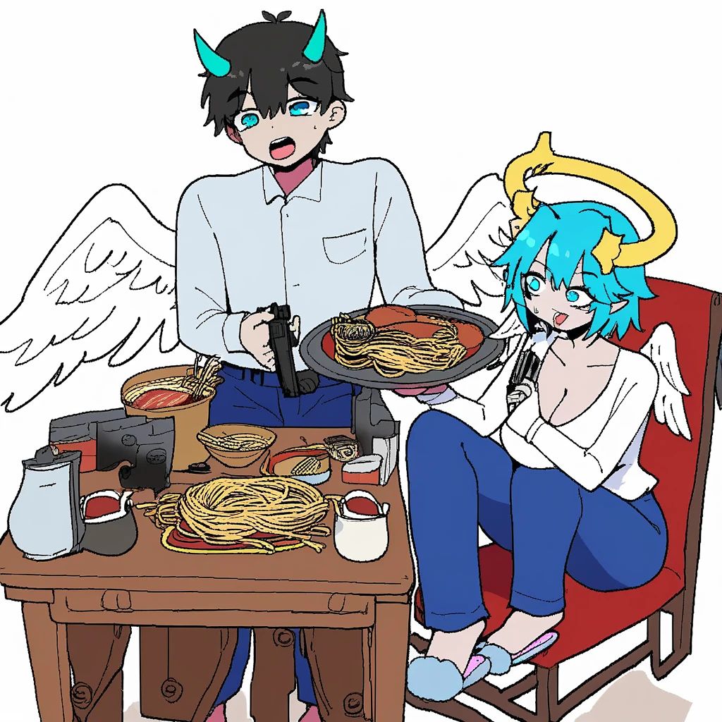 blue pants, angel wings, chair, white background, tray, librarian, 1boy, handgun, slippers, cleavage, horns, noodles, tongue, cyan eyes, open mouth