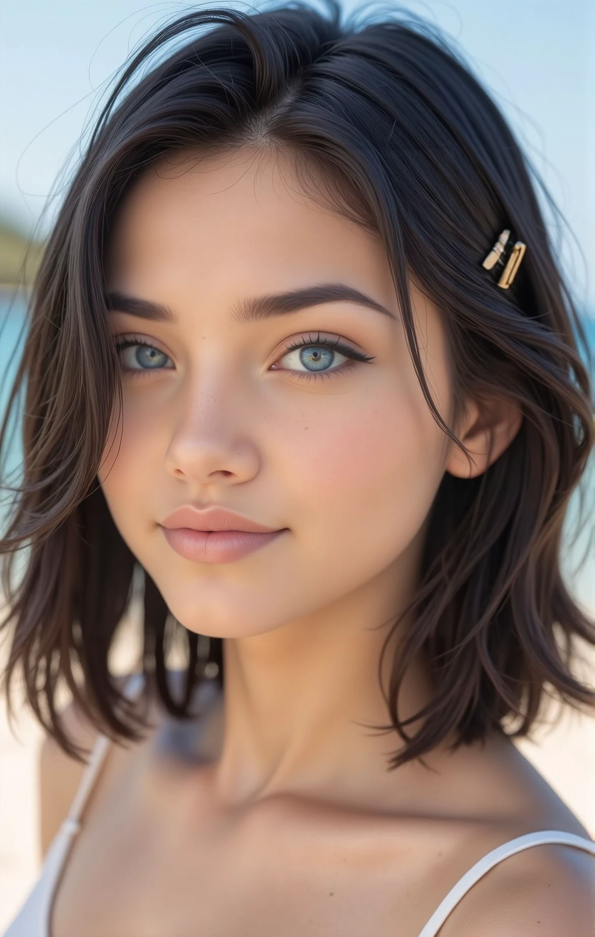 woman, cute shaped face, eyeliner, beach, looking at viewer, smile, <lora:woomy-1-flux:1> blue eyes, black hair, hairclip, medium hair,, realistic, 4K, ultra detailed photography, sharp image,