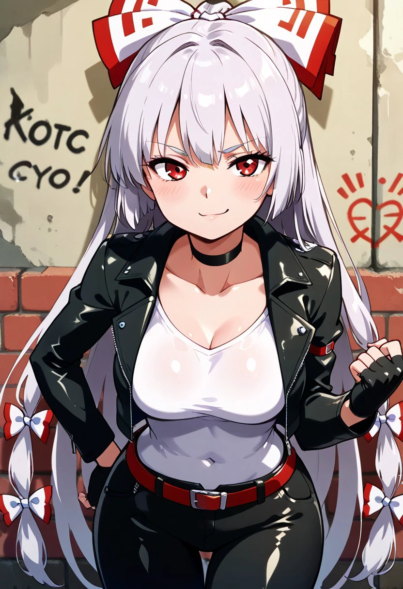 masterpiece, best quality, medium breasts, (curvy),
zzMokou, red eyes, hair between eyes, grey hair, hair bow, hair ribbon, long hair, very long hair, white hair, bow,
smile, looking at viewer,
leaning forward, smug, (foreshortening), upper body, 
leather jacket, leather pants, black jacket, tight pants, black choker, zipper, fingerless gloves, biker clothes, spikes, multiple belts, shiny clothes, high collar, (graffiti), brick wall, smile, looking at viewer, dynamic pose, foreshortening,