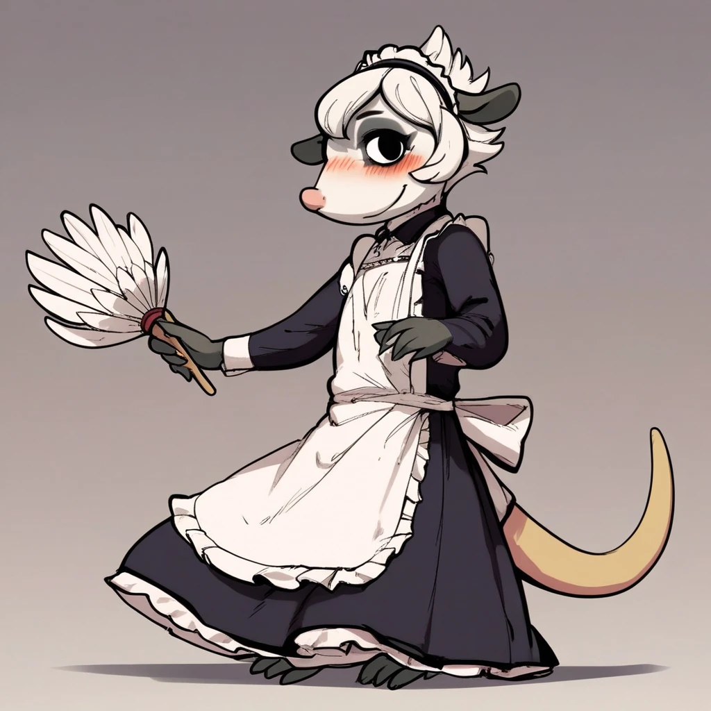 score_9, score_8_up, score_8, score_7, source_cartoon, source_furry, Solo, 1girl, anthro, furry female, young furry, Possum, American opossum, white fur, white hair, short hair, pink nose, black eyes, hairless tail, full body, looking at viewer, traditional maid outfit, holding feather duster, blush, smile, elegant hallway setting,