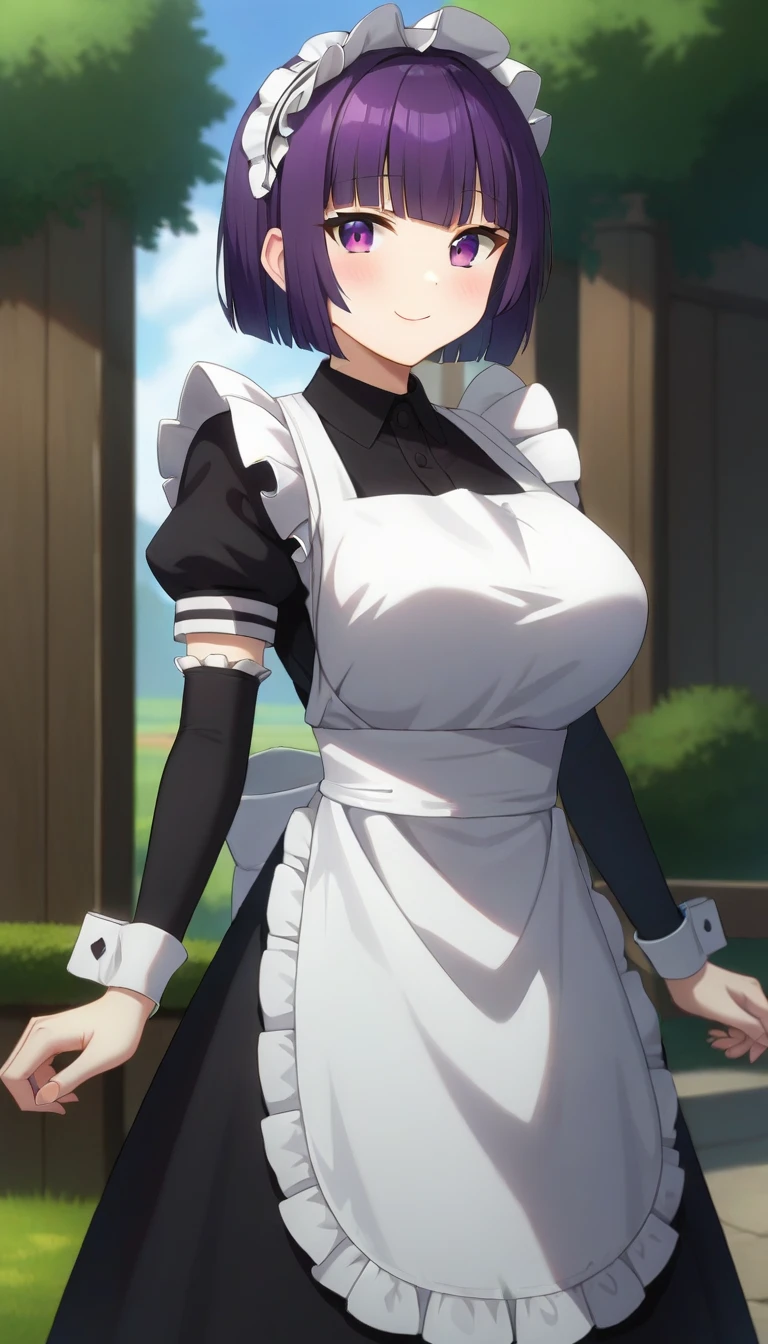 score_9,score_8_up,masterpiece,best quality,correct anatomy,anime_source,1girl,solo,perfect eyes,perfect arms,perfect legs,perfect face,outdoors,upper body,(portrait:1.5),looking at viewer,facing viewer,smile,blush,Eris,maid headdress,short hair,purple hair,bob cut,blunt bangs,purple eyes,frills,black dress,long dress,puffy sleeves,short sleeves,detached sleeves,wrist cuffs,long sleeves,large breasts,maid apron,white apron,frilled apron,black thighhighs,black footwear,<lora:Eris(tsdnod)-Pony:1.2>,