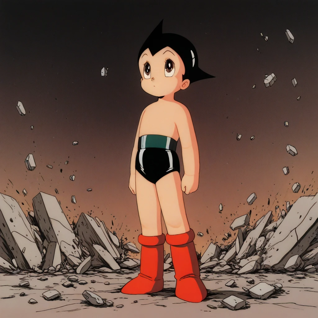 masterpiece, best quality, AstroBoy, 1boy, solo, black hair, short hair, spiked hair, brown eyes, red boots, arms at sides, <lora:AstroBoy_illustrious_Leaf3-000018:1>, debris, retro artstyle,