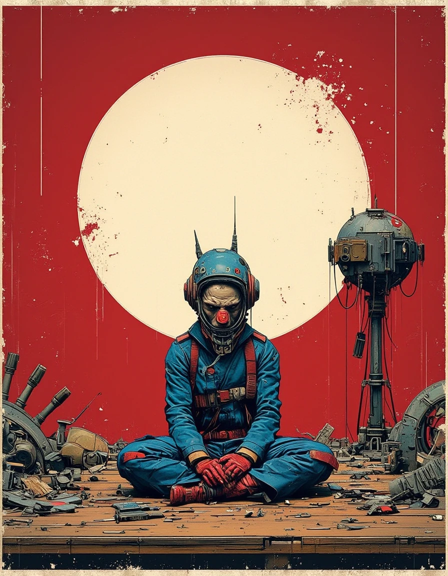 Street-Artji, The image is a digital art piece that appears to be a futuristic or sci-fi scene. It shows a man sitting on a wooden floor, surrounded by a chaotic and chaotic environment. The man is wearing a blue and red outfit with a futuristic design, consisting of a helmet with multiple antennas and wires attached to it. He has a serious expression on his face, and his hands are clasped together in front of him. The background is a deep red color with a large white circle in the center, which is the focal point of the image. Surrounding the man, there are various pieces of machinery and equipment scattered around, including a large machine with multiple arms and a tall tower. The overall mood of the piece is one of chaos and destruction. <lora:Street_Artji_v1:1>