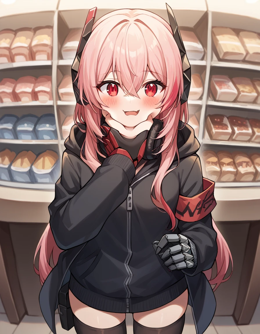 score_9, score_8_up, score_7_up, source_anime, <lora:girlsfrontline-m4-sopmod-ii-ponyxl-lora-nochekaiser:1>, m4 sopmod ii, hair between eyes, red eyes, pink hair, streaked hair, red hair, sidelocks, long hair, multicolored hair, two-tone hair,, armband, black gloves, black jacket, black scarf, black thighhighs, gloves, hair ornament, headgear, headphones, holster, hood, hooded jacket, jacket, mechanical hands, red armband, scarf, thighhighs, track jacket,, shop, items, counter, customer, shelves, smile, <lora:pov-cheek-grabbing-ponyxl-lora-nochekaiser:1> pov cheek grabbing, pov cheek grabbing (meme), meme, squeezing cheeks, pov hands, cheek squash, face grab, pov, blush, parted lips, bed room,, cowboy shot, looking at viewer,, looking at viewer, solo,, dutch angle, cowboy shot