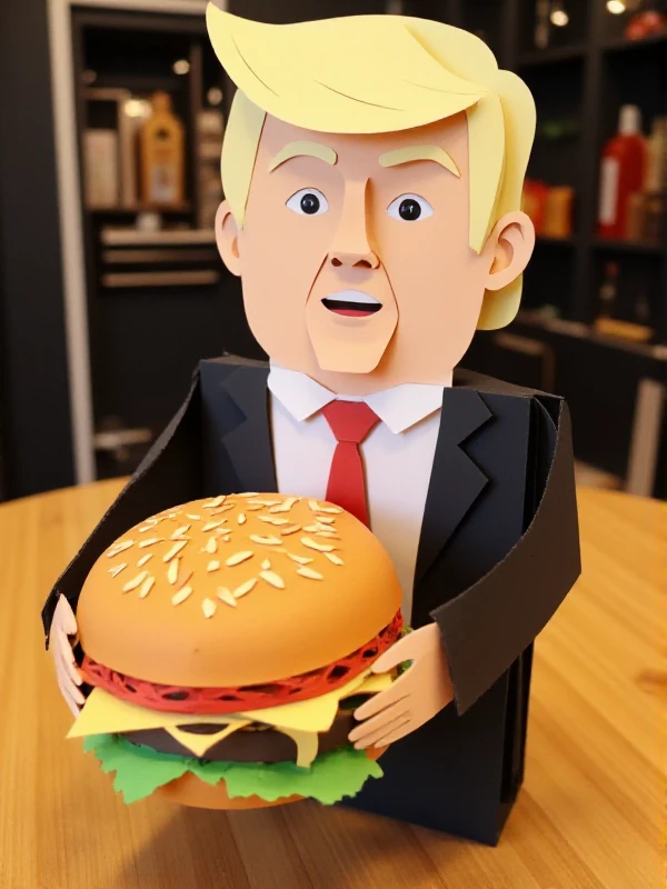 <lora:Kirigami_Style:0.9> kirigami style of donald trump holding a burger