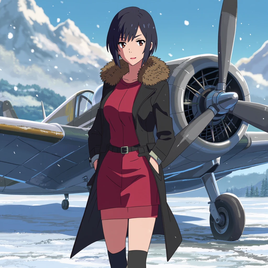 anime screencap in yn artstyle, a stylish and confident woman standing on a snowy airfield in front of a vintage propeller plane. She wears a sleek red dress paired with a black leather jacket lined with fur, belted at the waist, and knee-high black boots. Her short black hair frames her face, and she has a determined expression. The backdrop features a clear blue sky, snow-covered mountains, and scattered snowflakes.