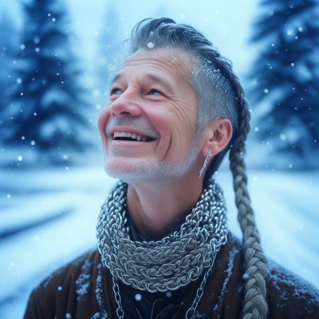 smile, snowing, blurry background, braid, looking afar, looking up, 1boy, 65 years old, closed mouth, outdoors, upper body, jewelry, realistic, chainmail