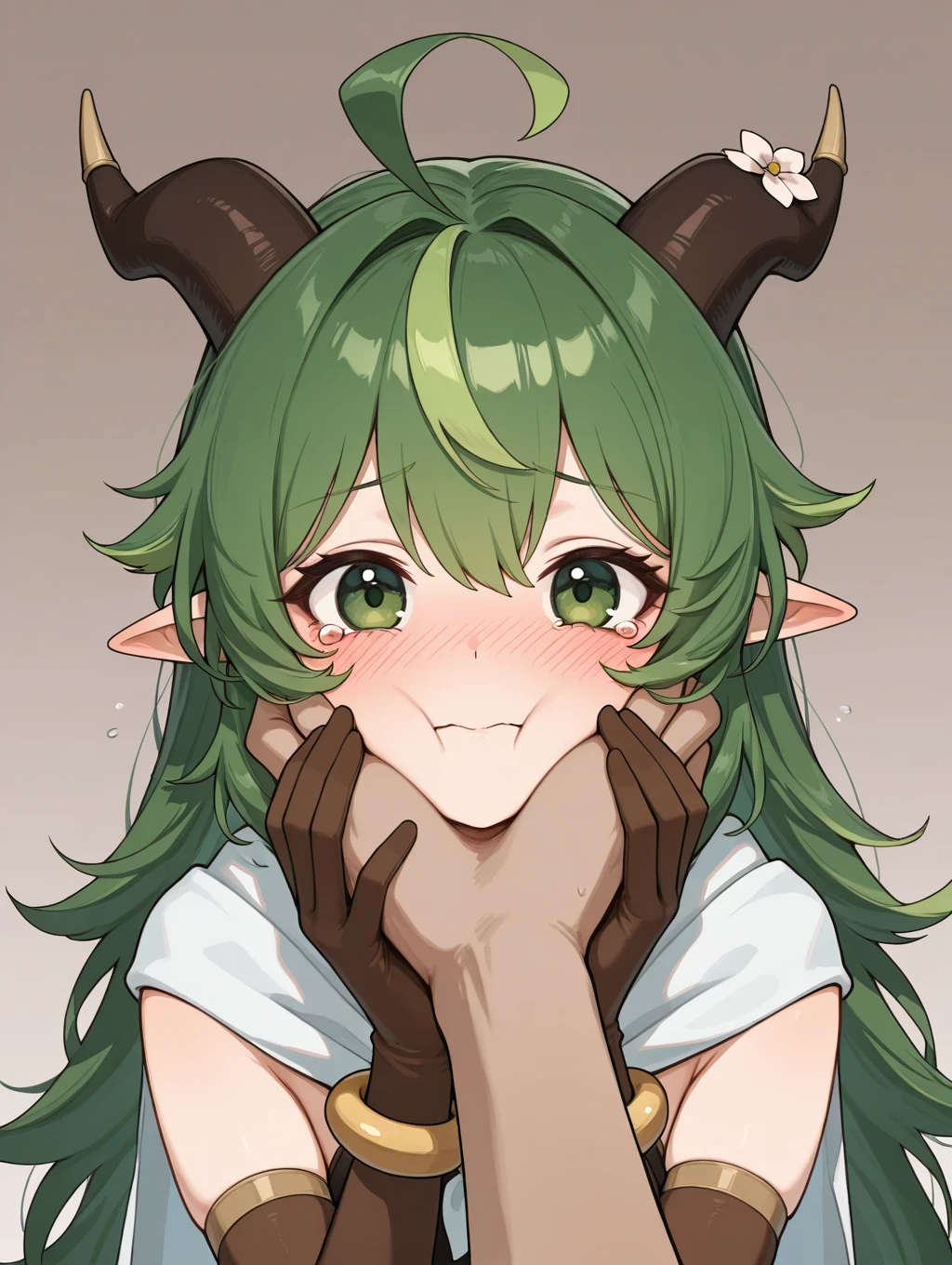 ameris, 1girl, long hair, looking at viewer, blush, simple background, gloves, holding, jewelry, green eyes, flower, ahoge, green hair, horns, solo focus, pointy ears, elbow gloves, tears, bracelet, pov, brown gloves, pov hands, disembodied limb

masterpiece, best quality,amazing quality, very aesthetic, absurdres, depth of field, blurry background, extremely detailed face, detailed eyes