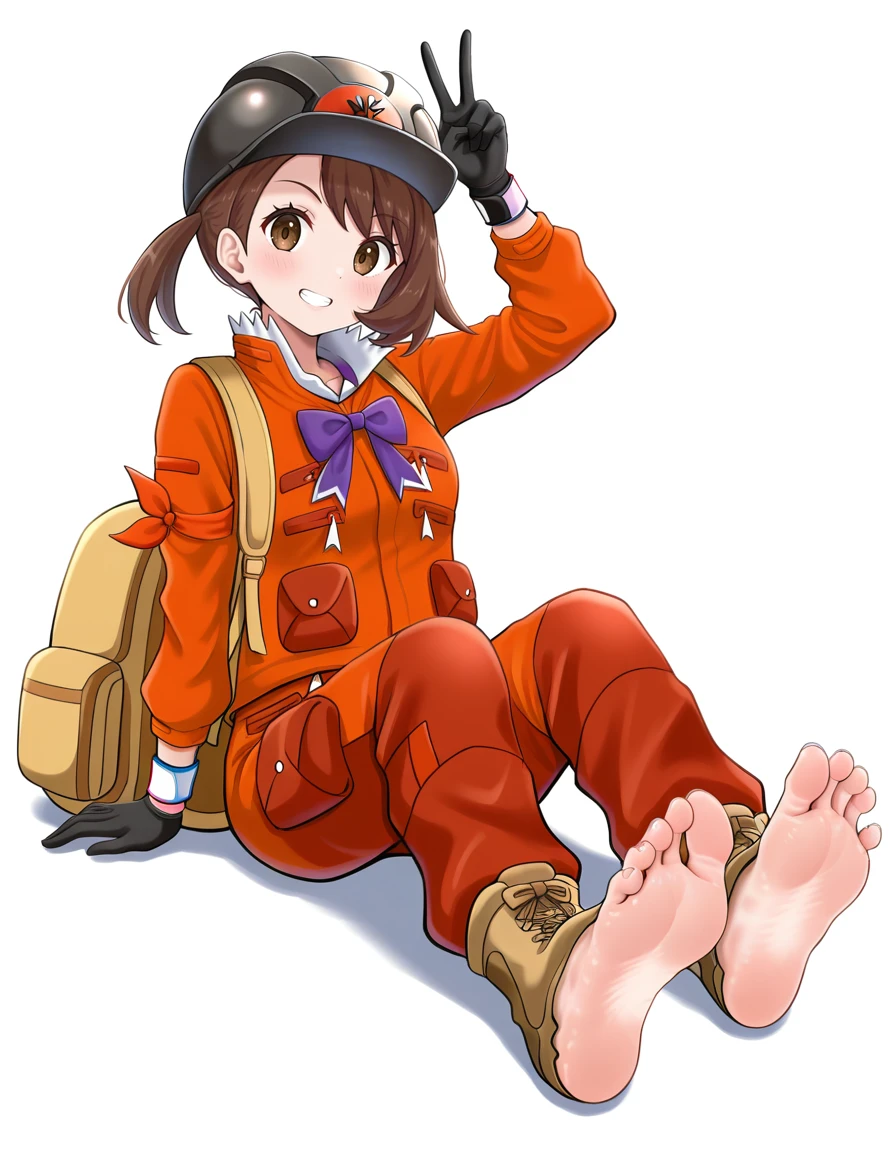 masterpiece, best_quality, absurdres,   <lora:gloria_pokemon_expedition_outfit_il:1> gloria_pokemon_expedition_outfit, brown_hair, short_hair, brown_eyes, helmet, orange_jacket, long_sleeves, black_gloves, dynamax_band, orange_pants, backpack, boots, brown_footwear, by_hinosaki, grin, brown_sailor_collar, looking_at_viewer, second_wangan_school_uniform, bowtie, sailor_collar, toes, feet, white_background, toenails, blush, bow, brown_vest, arm_up, school_uniform, vest, soles, full_body, v, purple_bowtie, twintails, sitting, collared_vest, orange_bow, 1girl, barefoot, simple_background, smile, purple_bow, solo